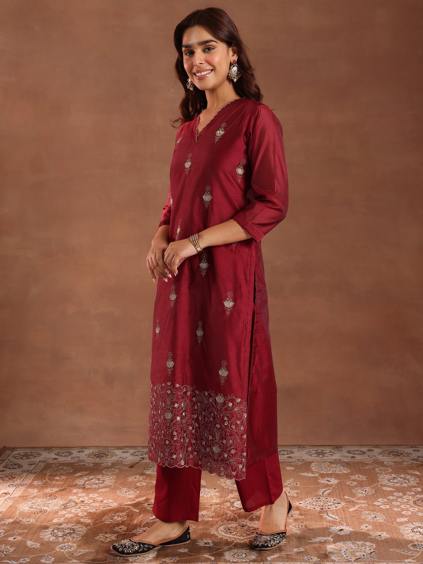 Maroon Embroidered Chanderi Silk Straight Suit With Dupatta