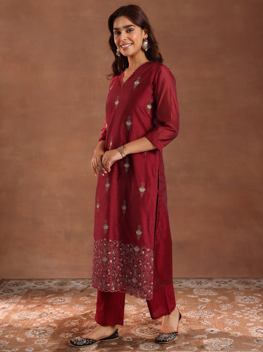 Maroon Embroidered Chanderi Silk Straight Suit With Dupatta