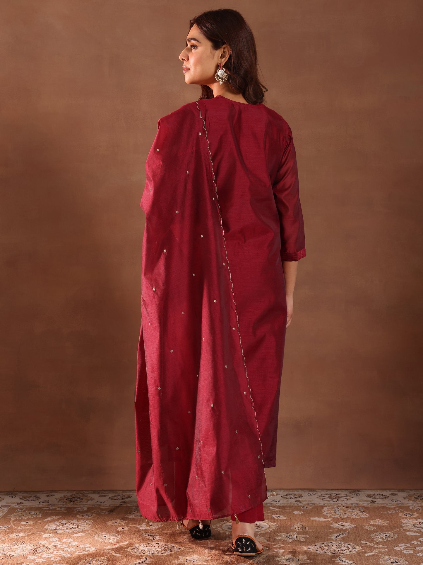 Maroon Embroidered Chanderi Silk Straight Suit With Dupatta