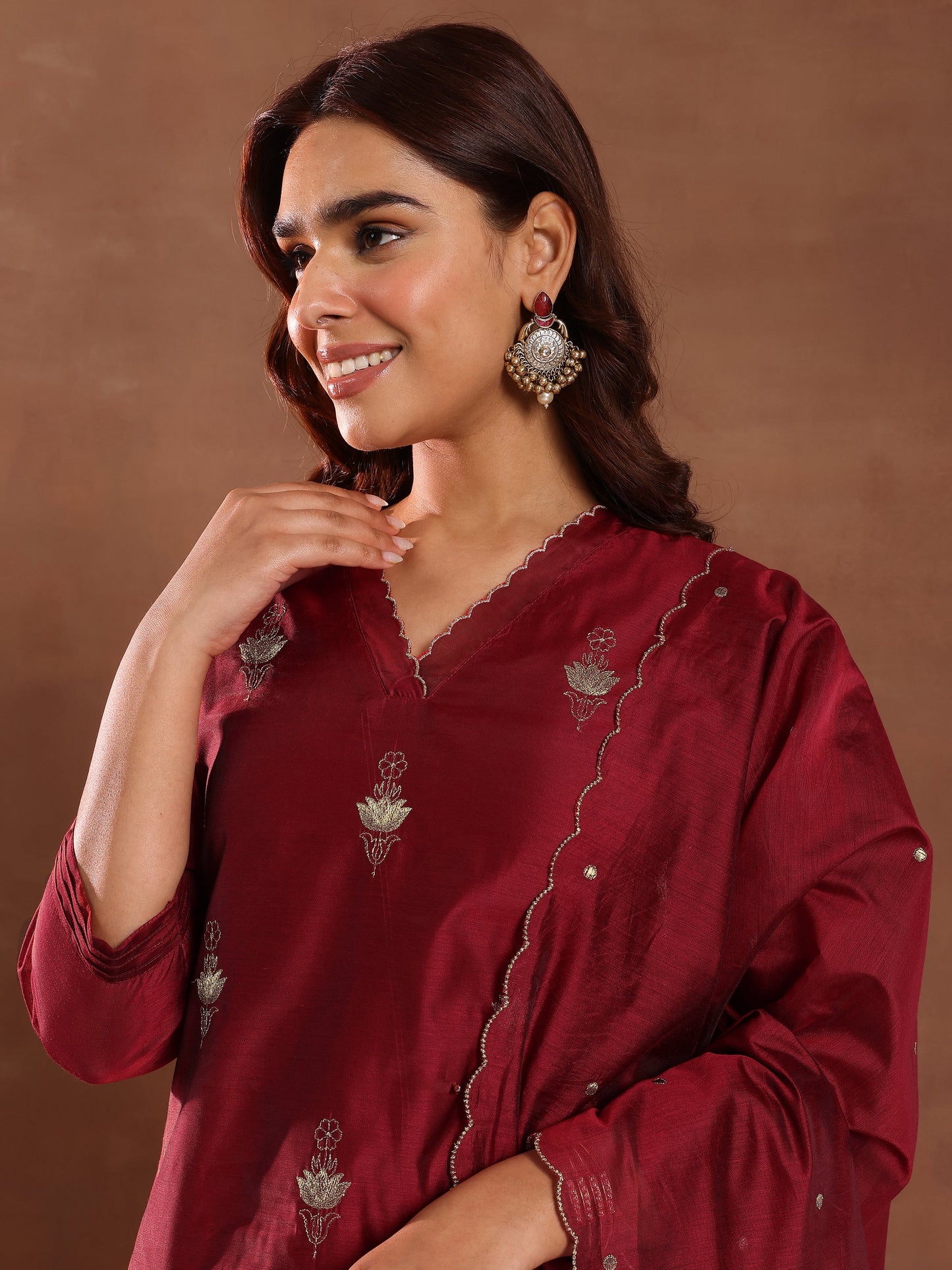Maroon Embroidered Chanderi Silk Straight Suit With Dupatta