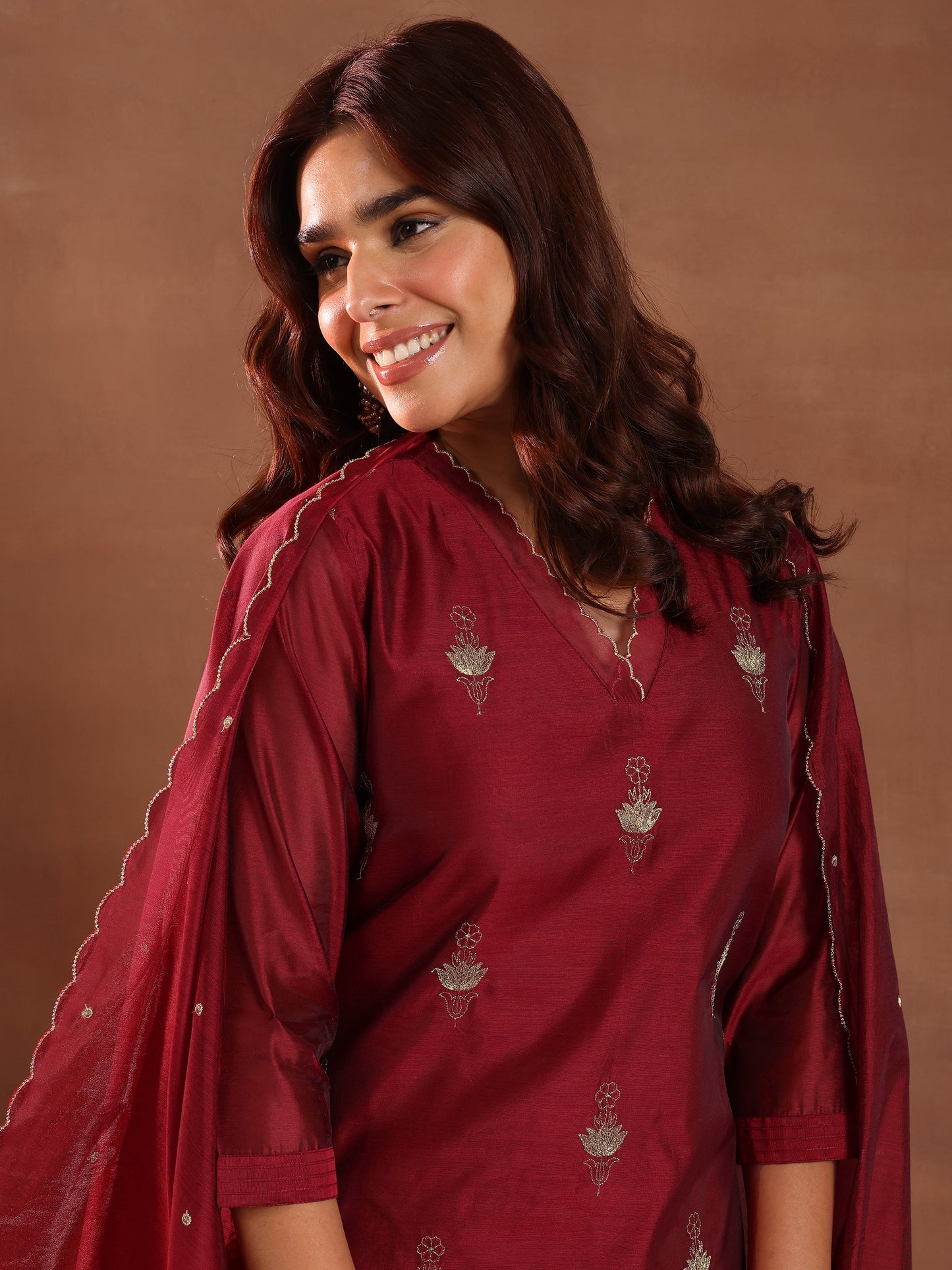Maroon Embroidered Chanderi Silk Straight Suit With Dupatta