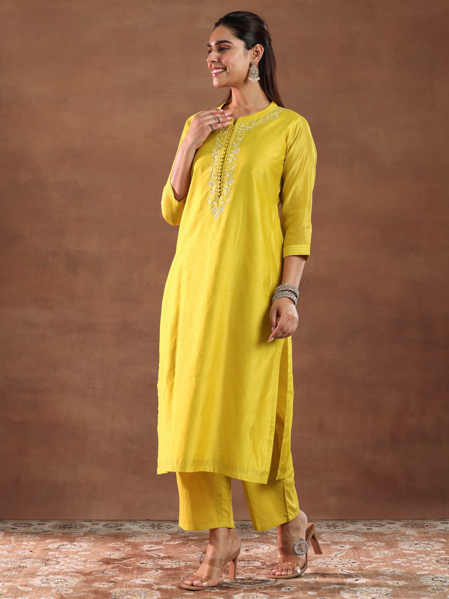 Mustard Yoke Design Chanderi Silk Straight Suit With Dupatta