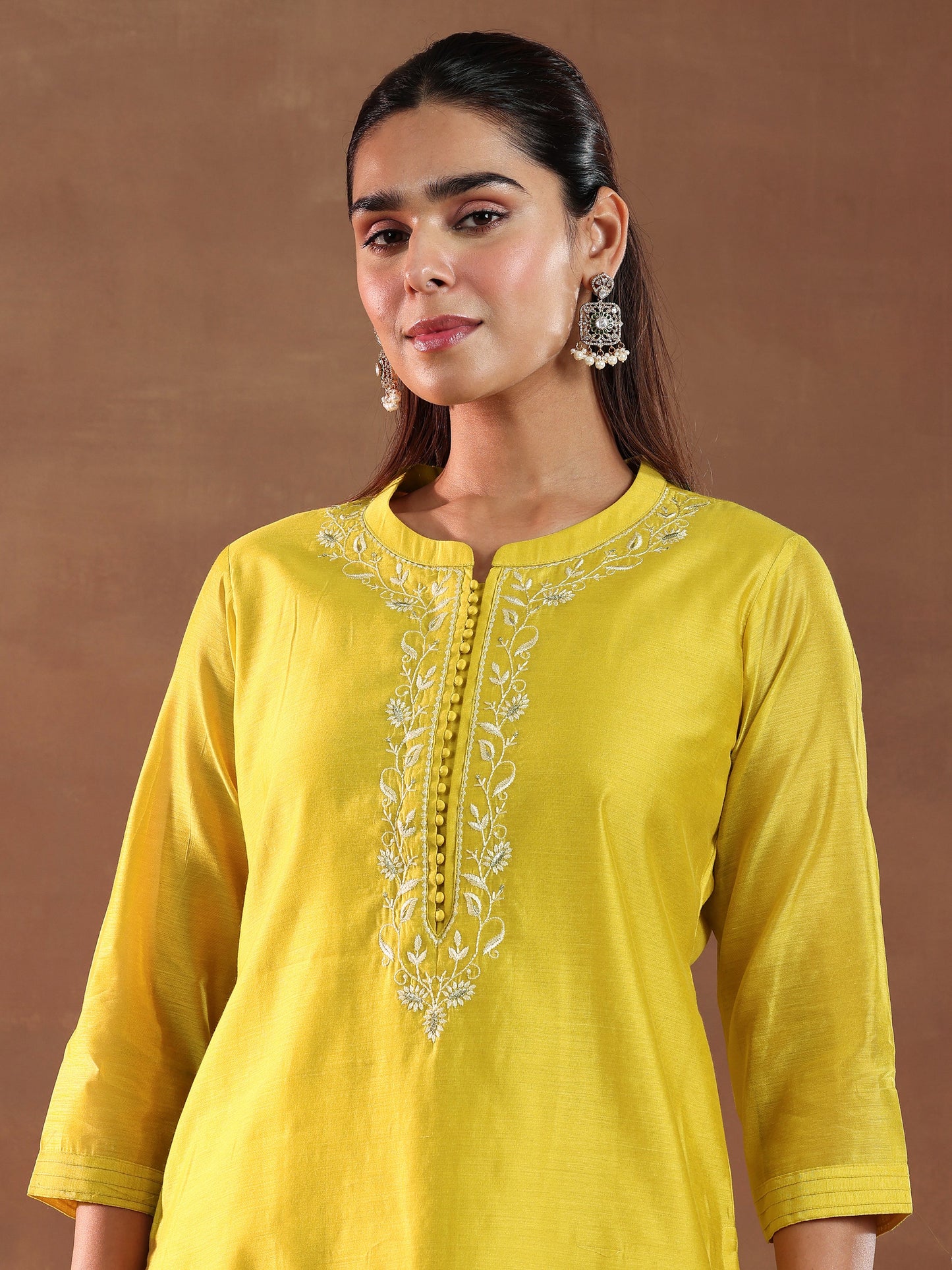 Mustard Yoke Design Chanderi Silk Straight Suit With Dupatta