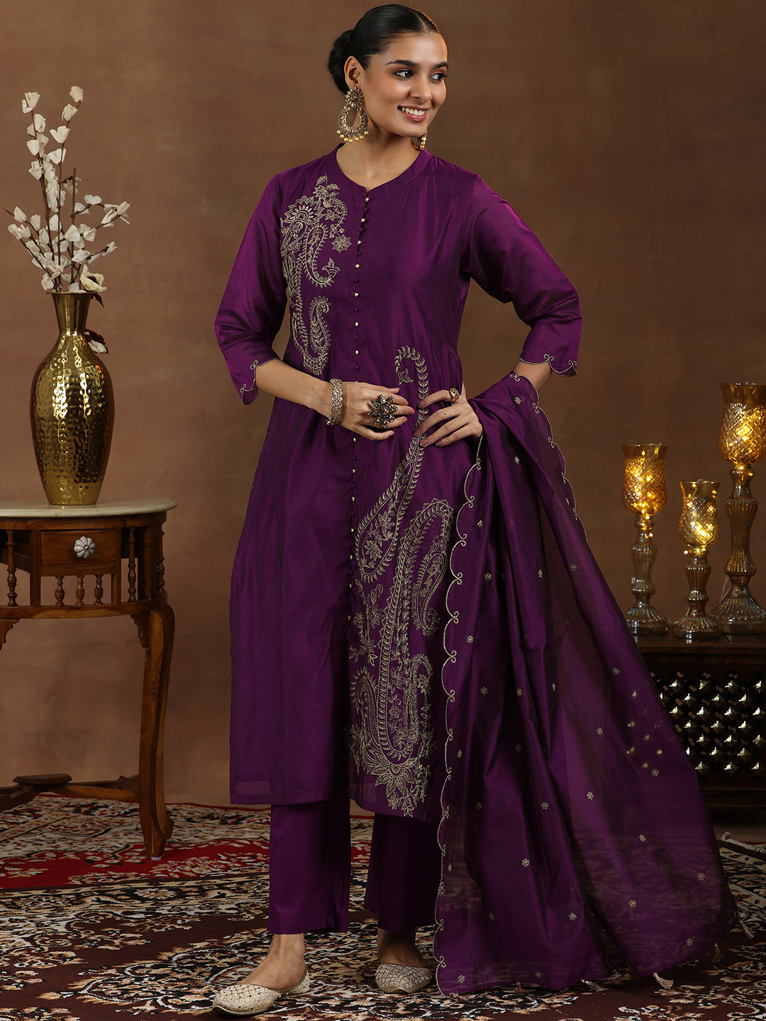 Wine Embroidered Chanderi Silk Straight Suit With Dupatta