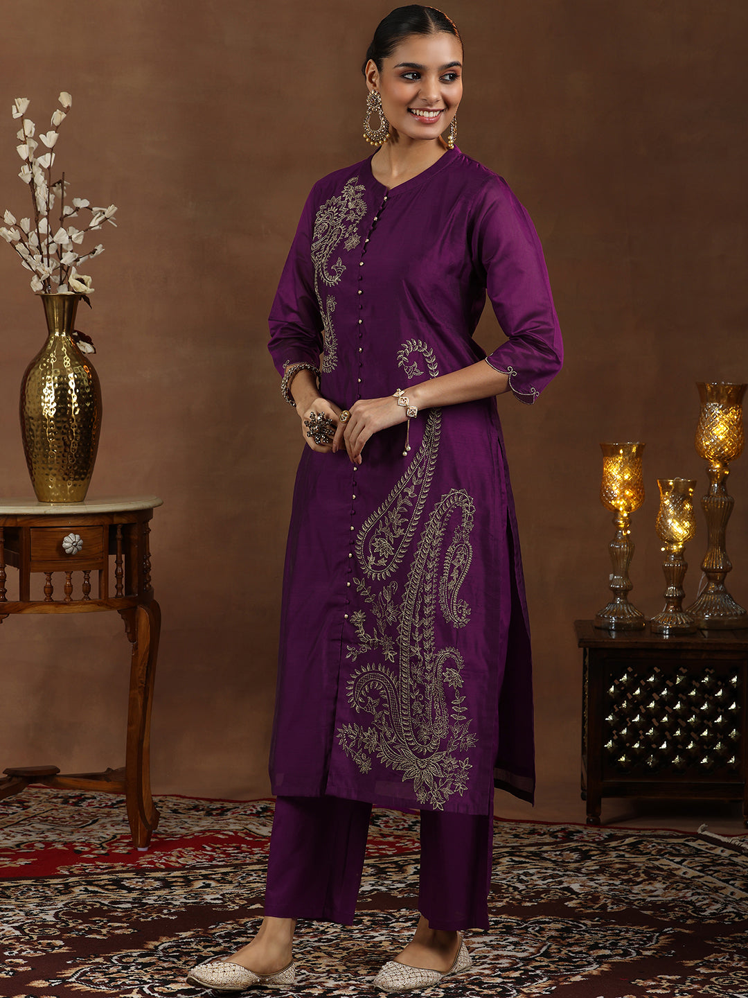 Wine Embroidered Chanderi Silk Straight Suit With Dupatta