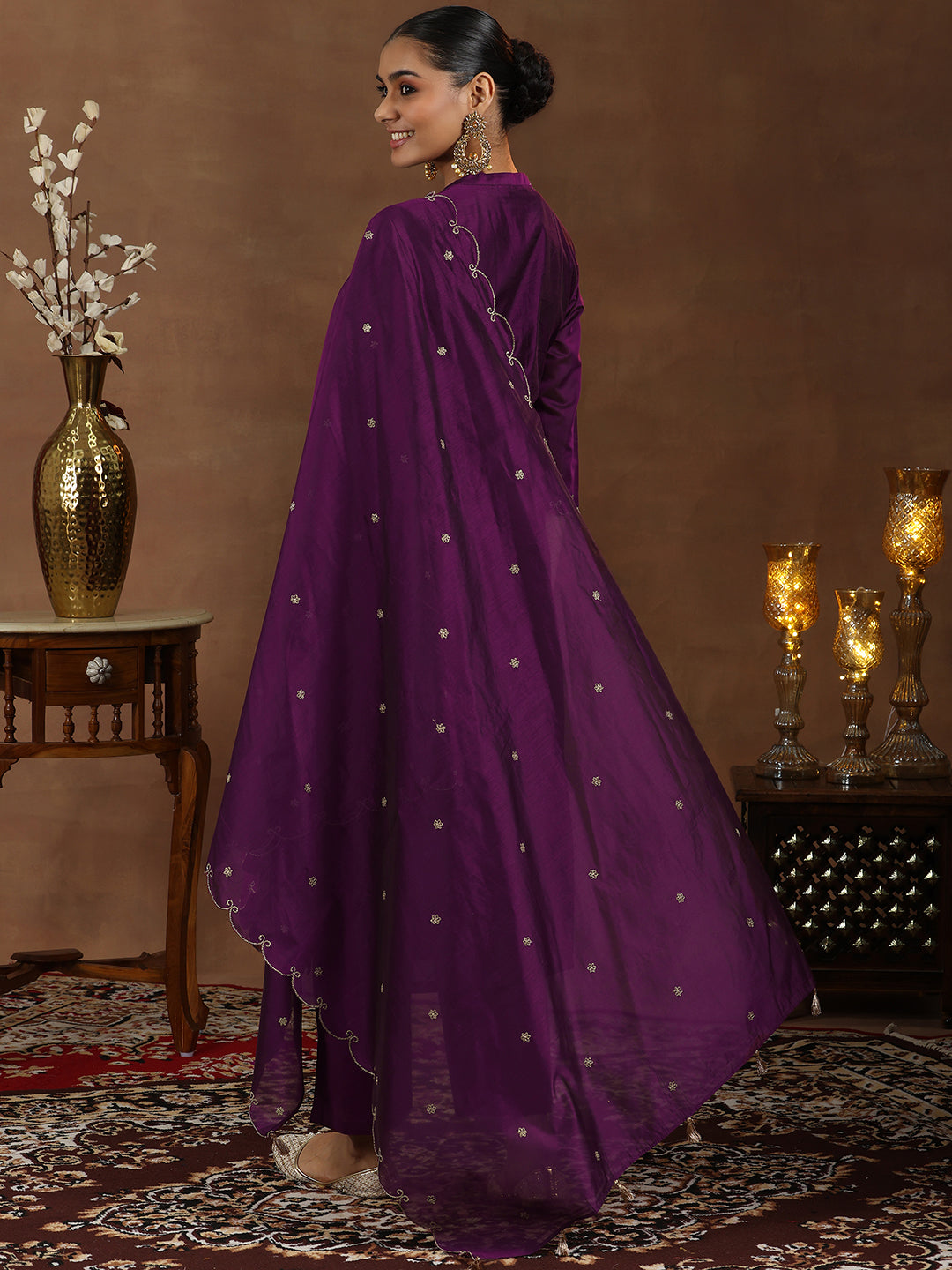 Wine Embroidered Chanderi Silk Straight Suit With Dupatta