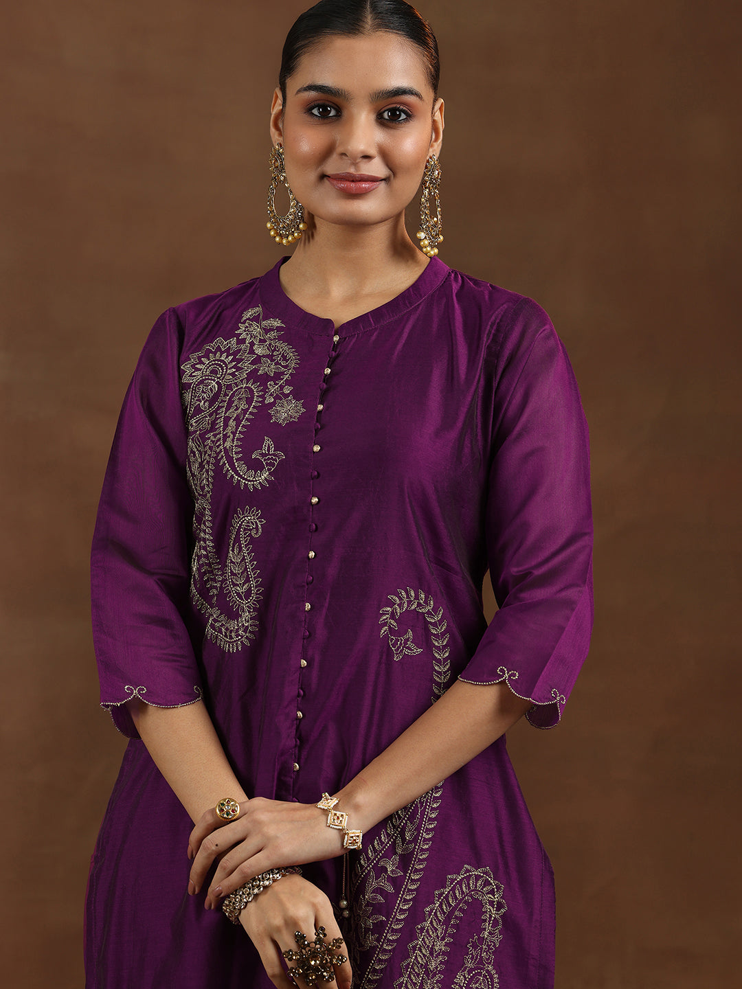 Wine Embroidered Chanderi Silk Straight Suit With Dupatta