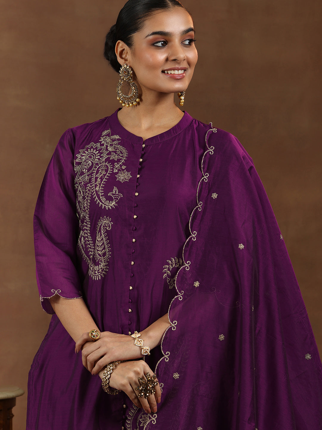 Wine Embroidered Chanderi Silk Straight Suit With Dupatta