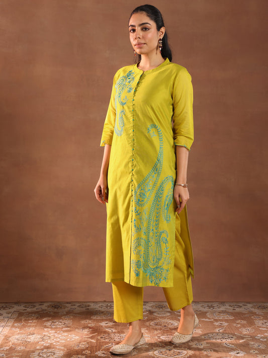Lime Embroidered Chanderi Silk Straight Suit With Dupatta