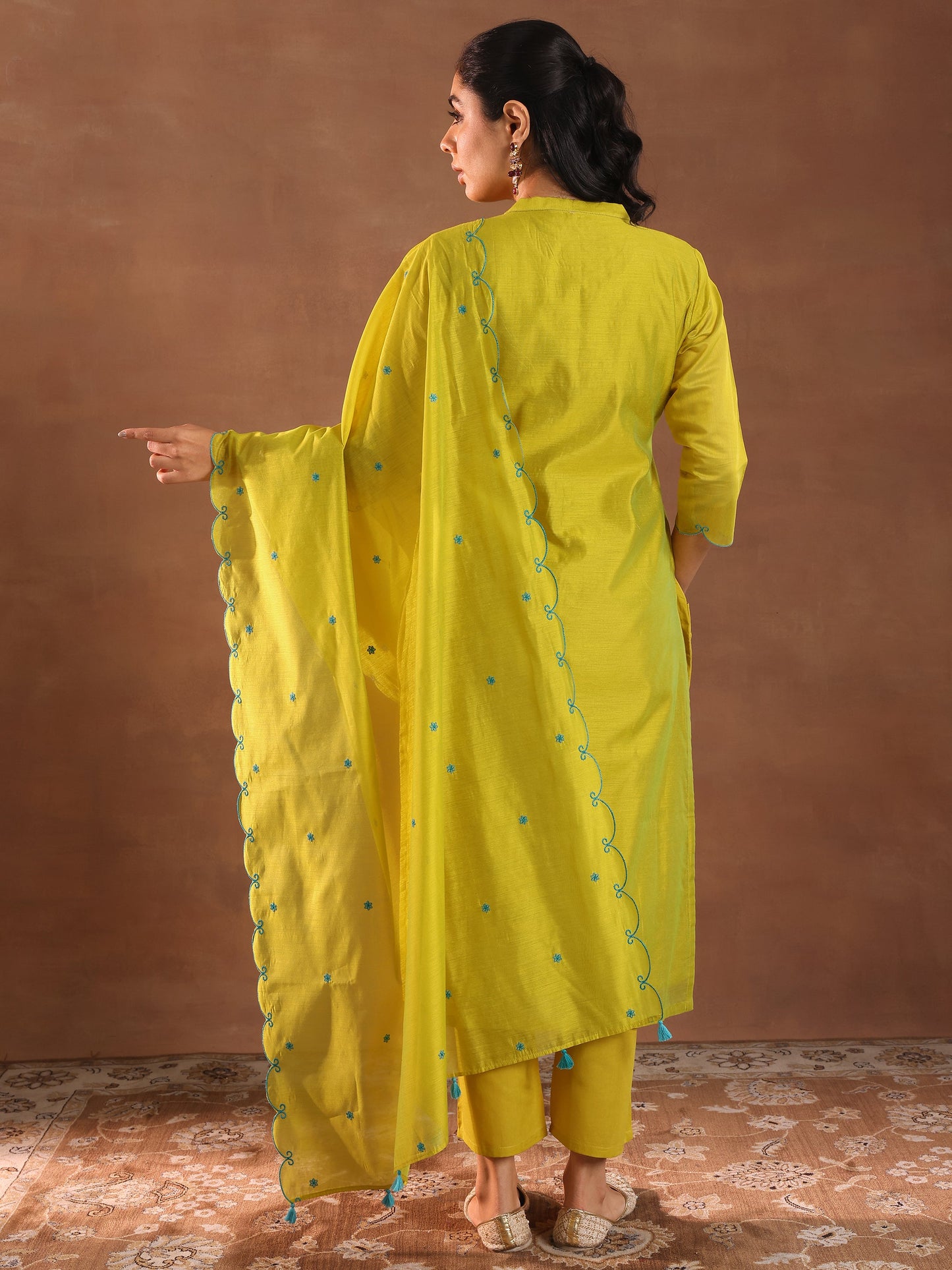 Lime Embroidered Chanderi Silk Straight Suit With Dupatta