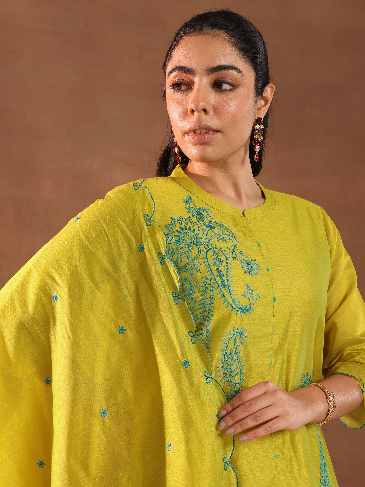 Lime Embroidered Chanderi Silk Straight Suit With Dupatta