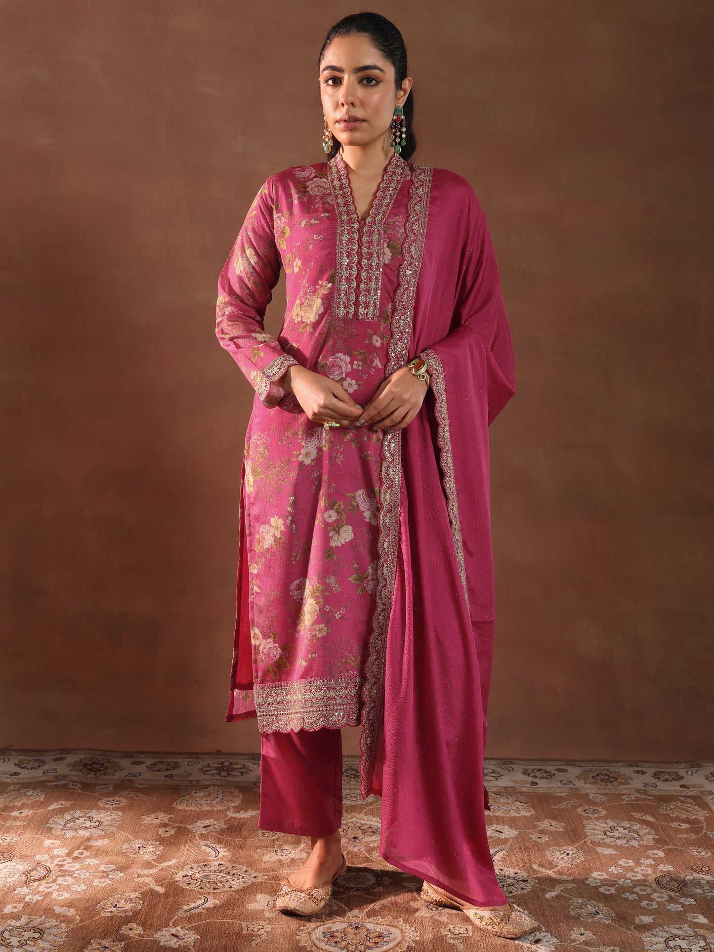 Pink Printed Silk Blend Straight Suit With Dupatta