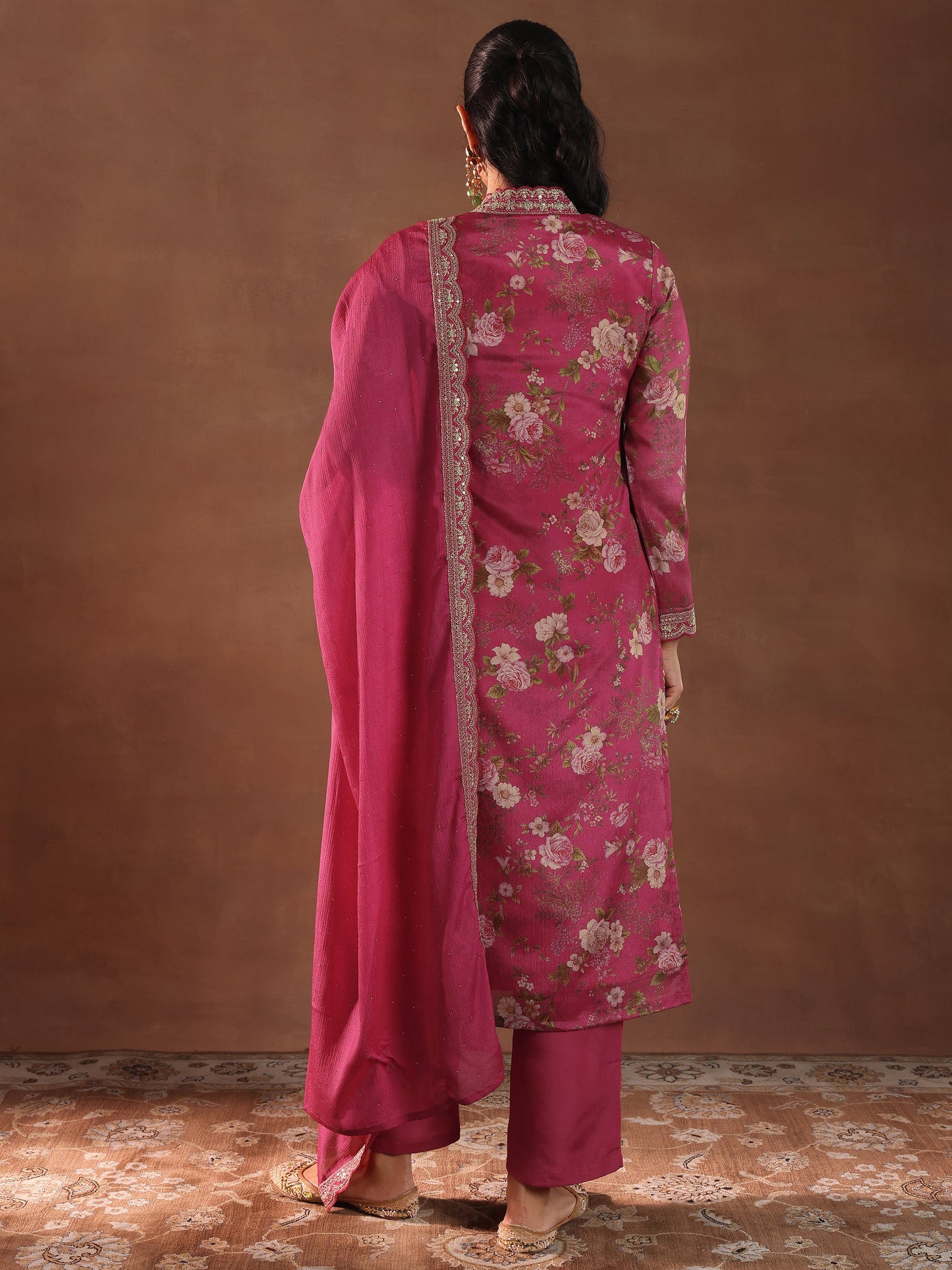 Pink Printed Silk Blend Straight Suit With Dupatta