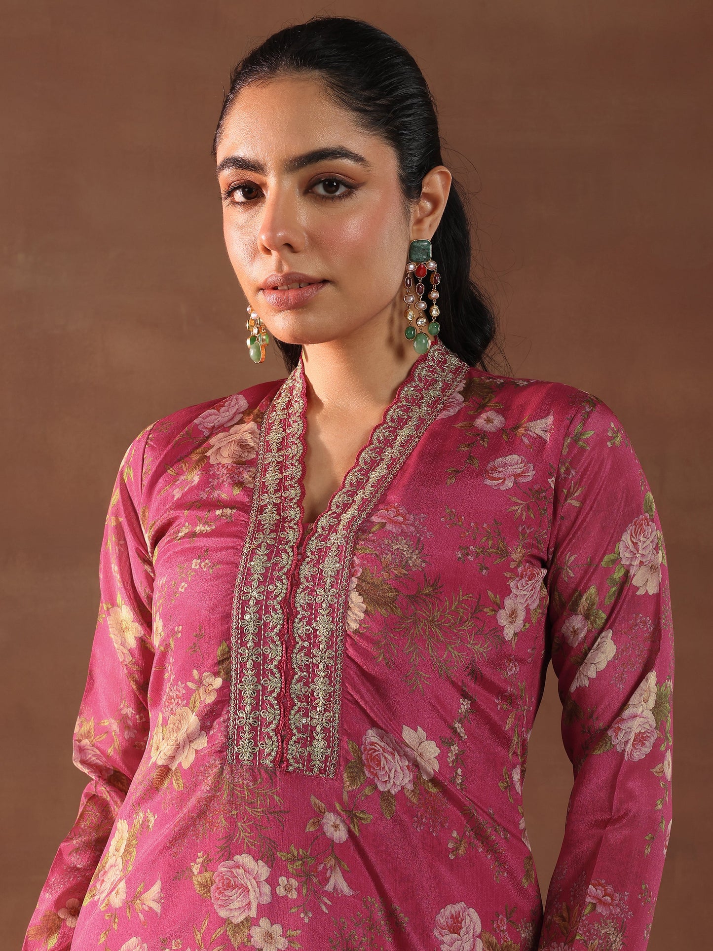 Pink Printed Silk Blend Straight Suit With Dupatta