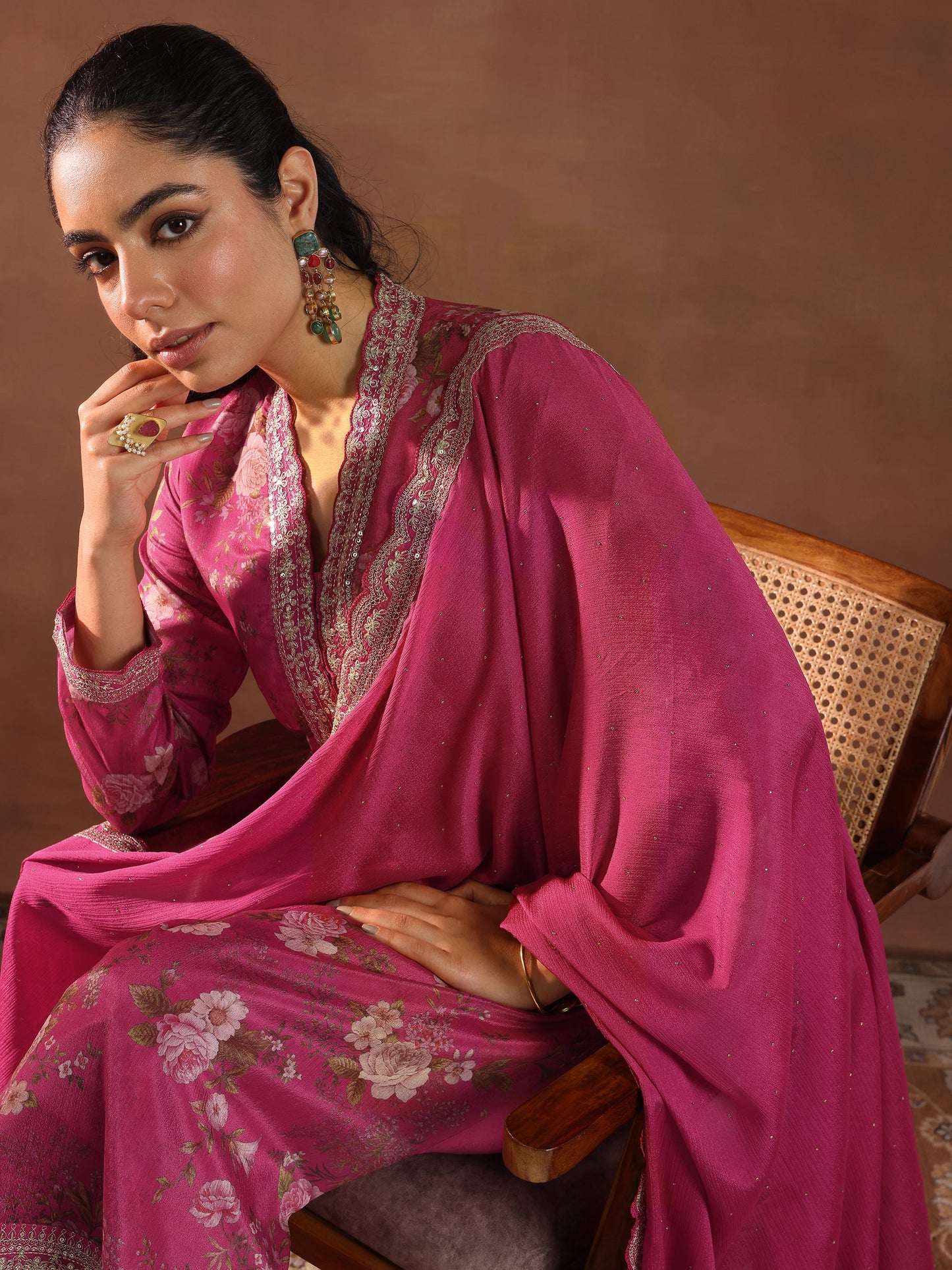 Pink Printed Silk Blend Straight Suit With Dupatta