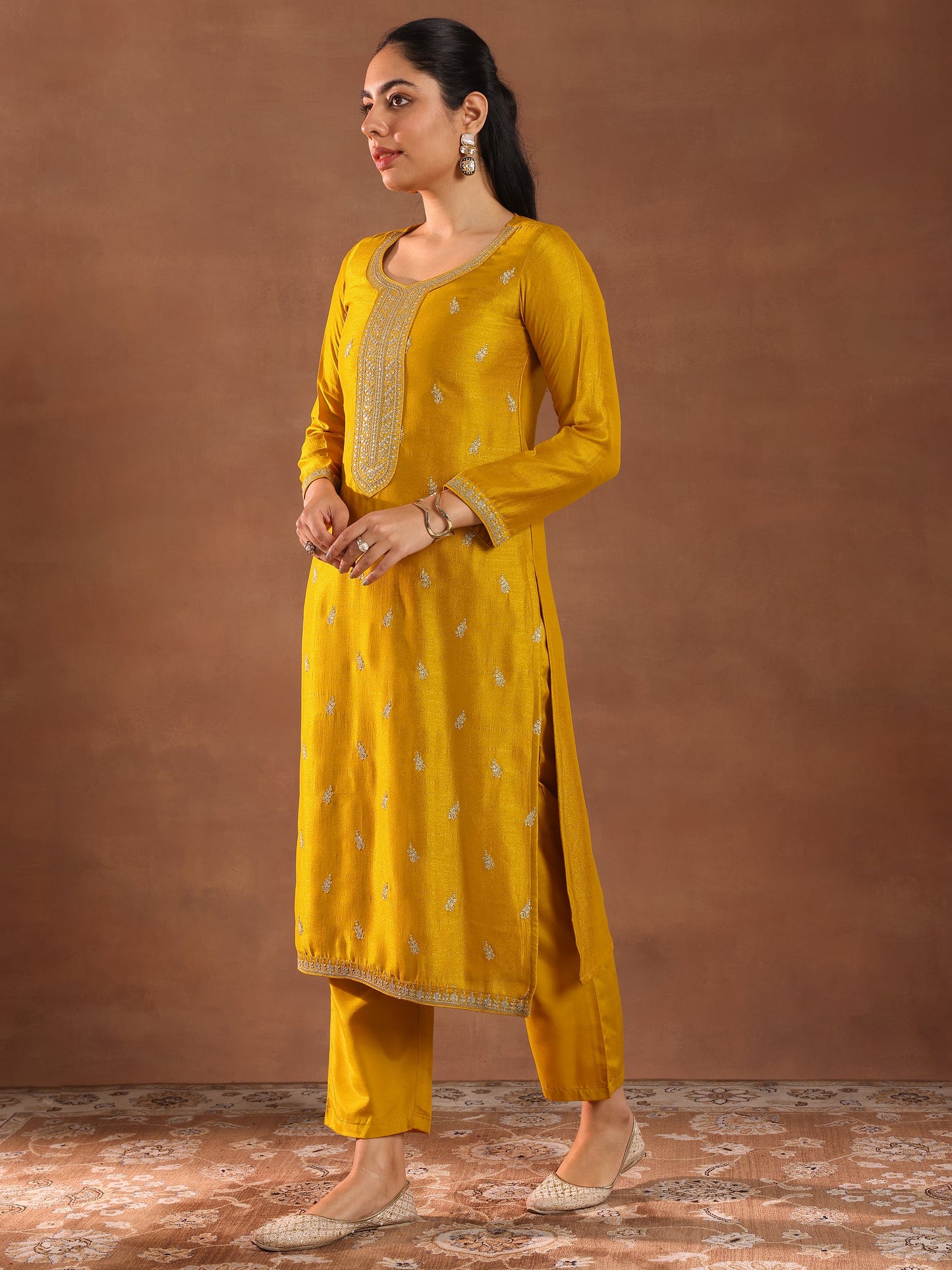 Mustard Embroidered Silk Blend Straight Suit With Dupatta