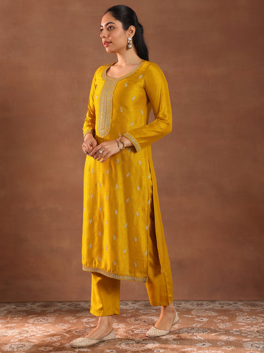 Mustard Embroidered Silk Blend Straight Suit With Dupatta