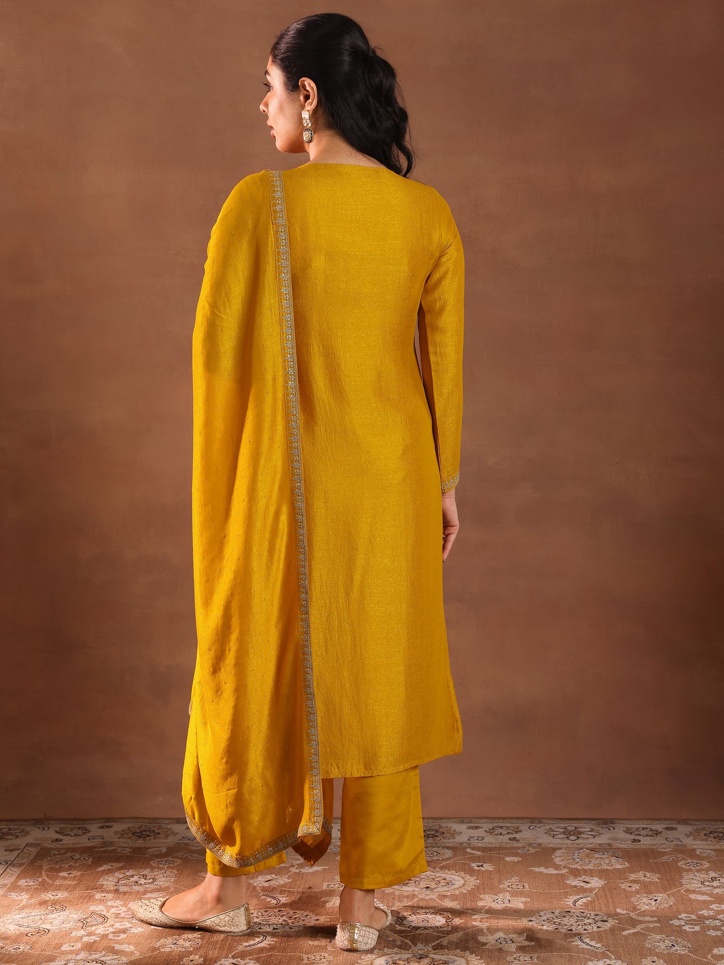 Mustard Embroidered Silk Blend Straight Suit With Dupatta