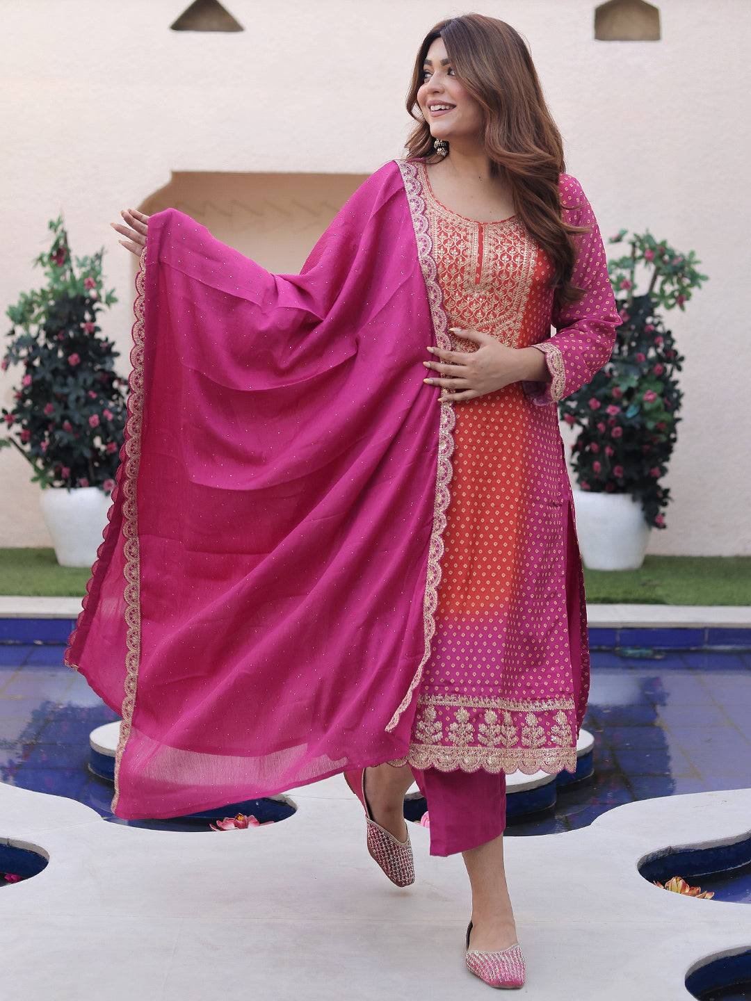 Pink Printed Silk Blend Straight Suit With Dupatta