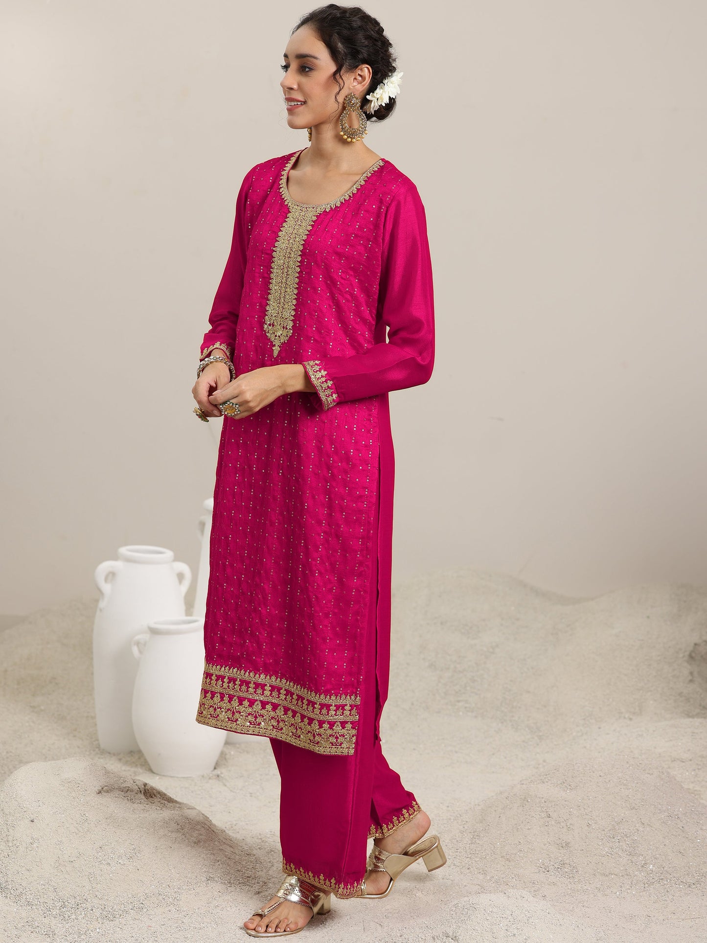 Pink Embellished Silk Blend Straight Kurta With Palazzos & Dupatta