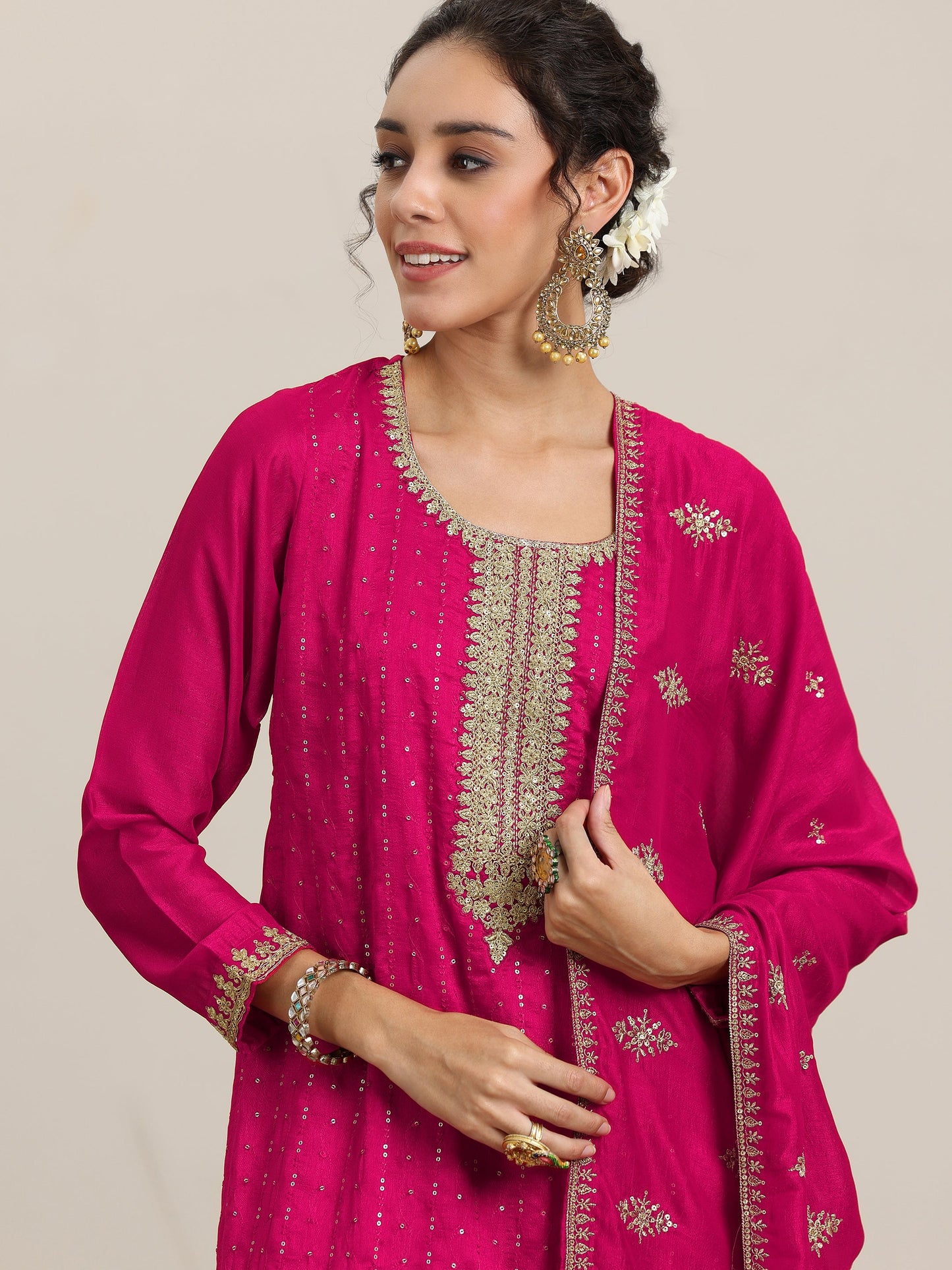 Pink Embellished Silk Blend Straight Kurta With Palazzos & Dupatta
