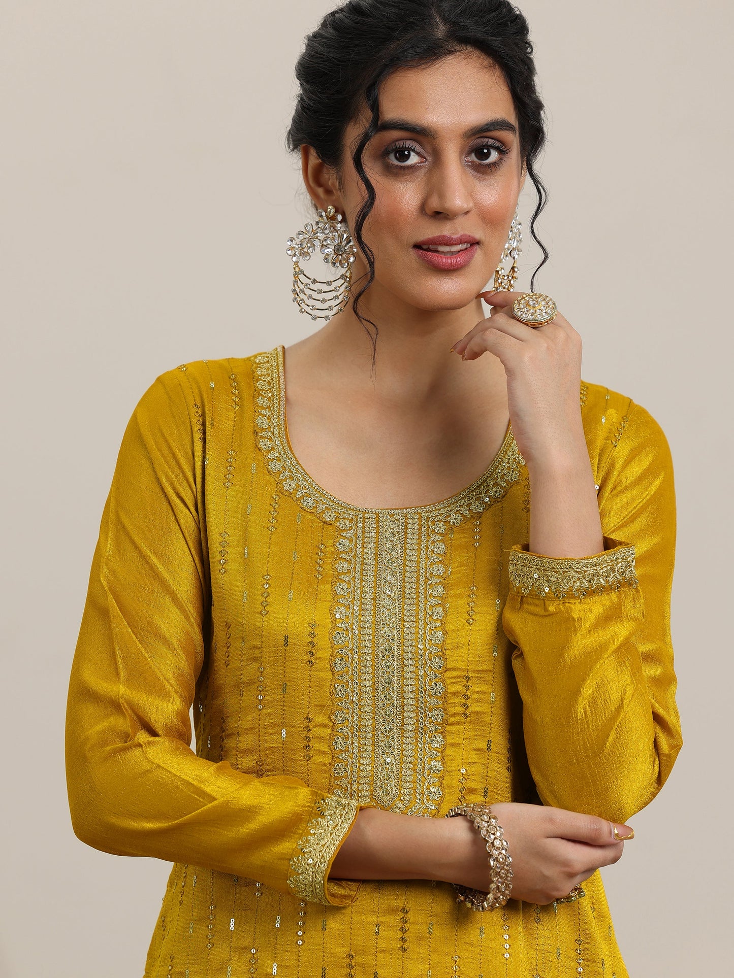 Mustard Embellished Silk Blend Straight Kurta With Palazzos & Dupatta