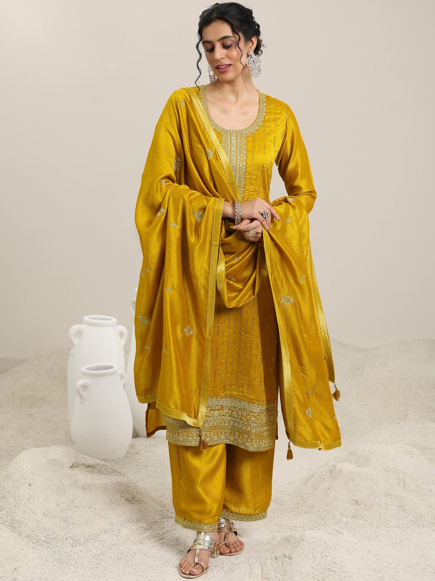 Mustard Embellished Silk Blend Straight Kurta With Palazzos & Dupatta