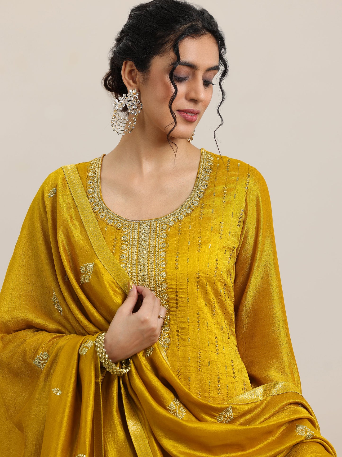 Mustard Embellished Silk Blend Straight Kurta With Palazzos & Dupatta