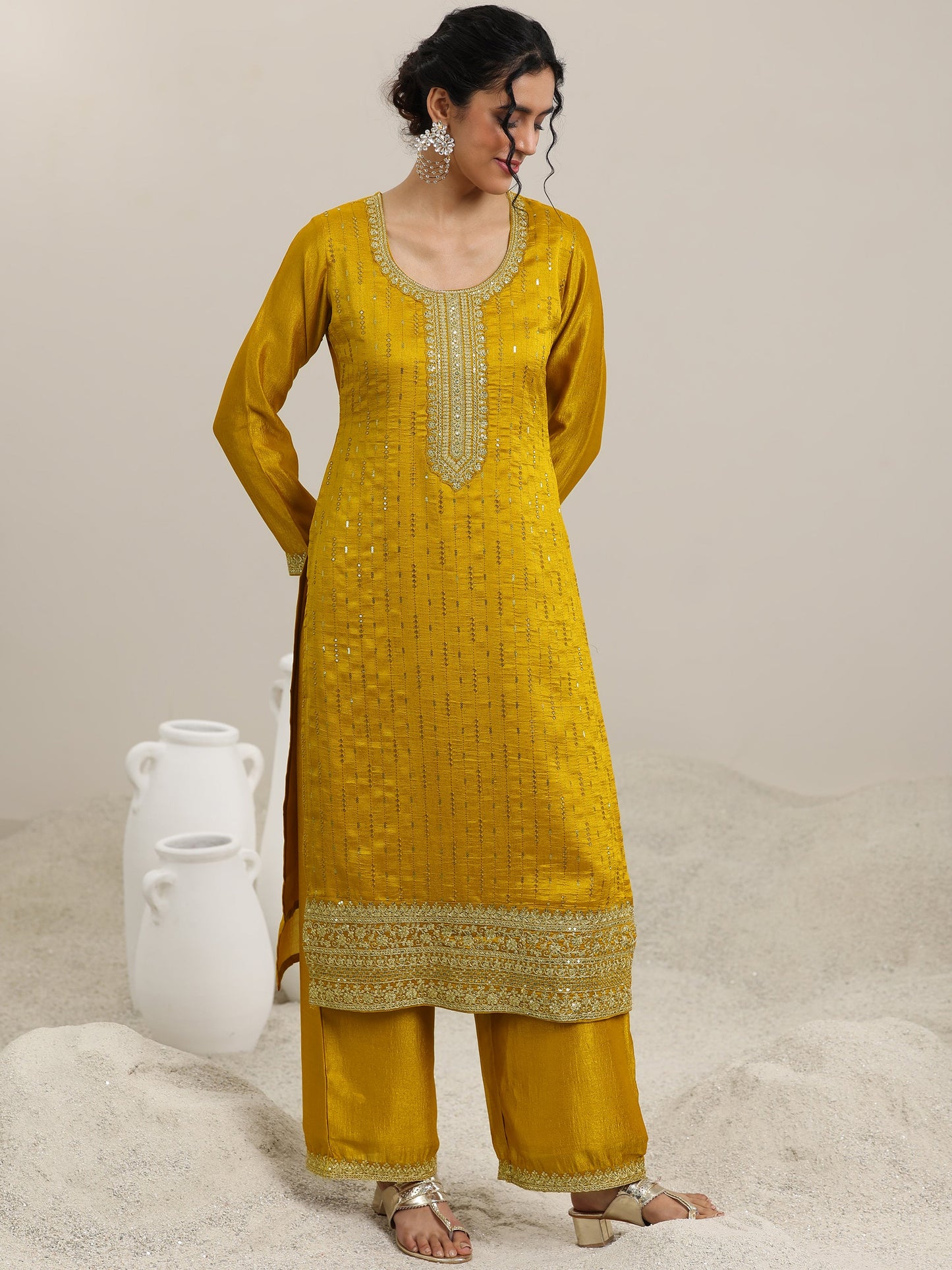 Mustard Embellished Silk Blend Straight Kurta With Palazzos & Dupatta