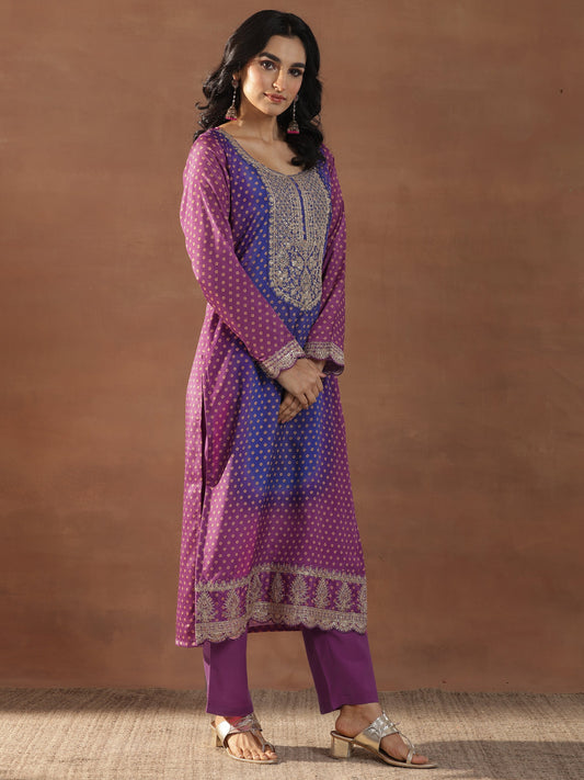 Magenta Printed Silk Blend Straight Suit Set With Dupatta