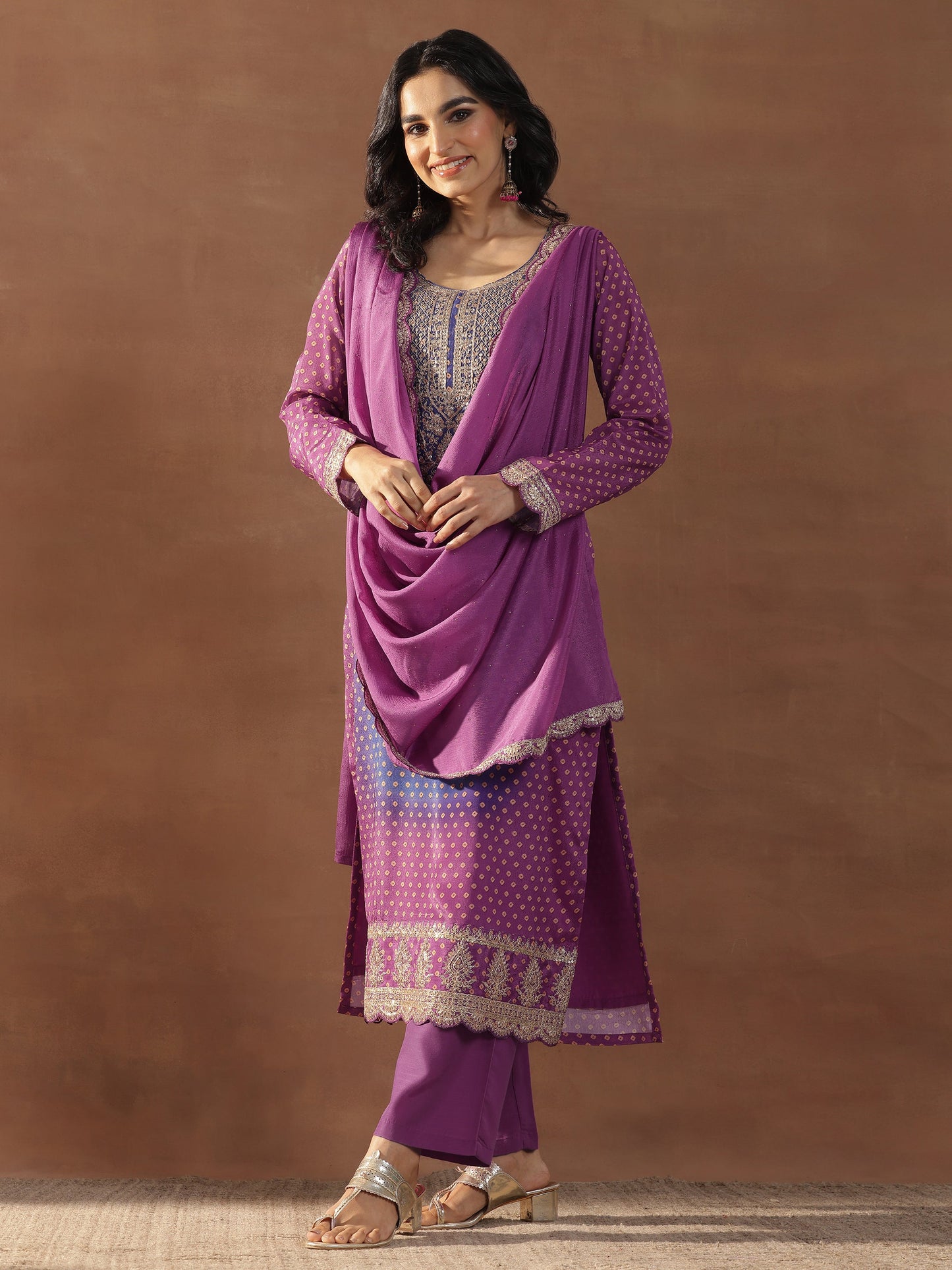 Magenta Printed Silk Blend Straight Suit Set With Dupatta