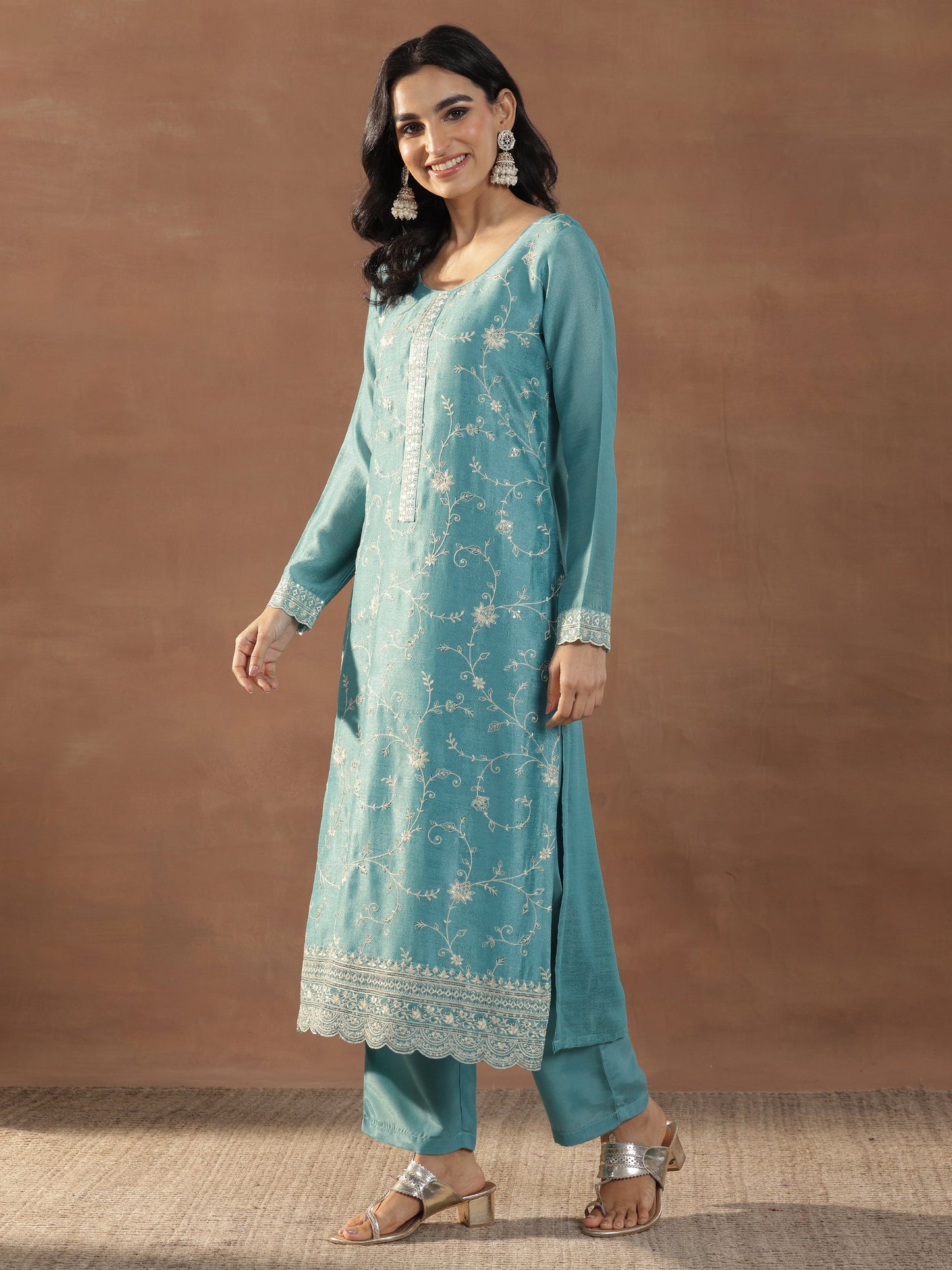 Blue Embroidered Silk Blend Straight Suits With Dupatta