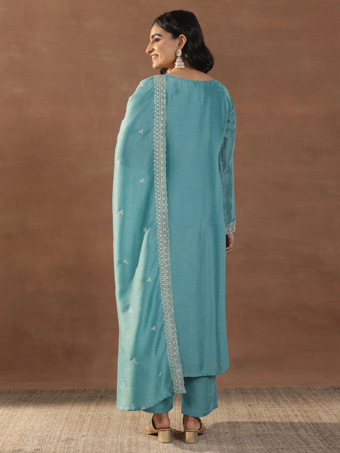 Blue Embroidered Silk Blend Straight Suits With Dupatta