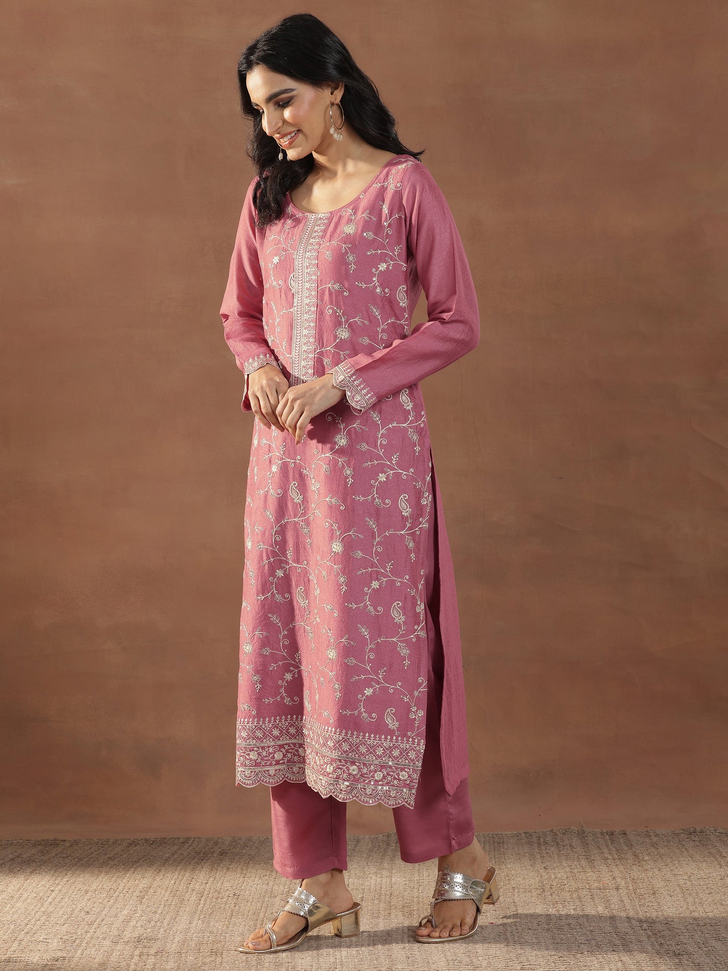 Pink Embroidered Silk Blend Straight Suits With Dupatta