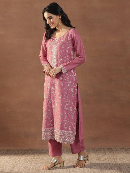 Pink Embroidered Silk Blend Straight Suits With Dupatta