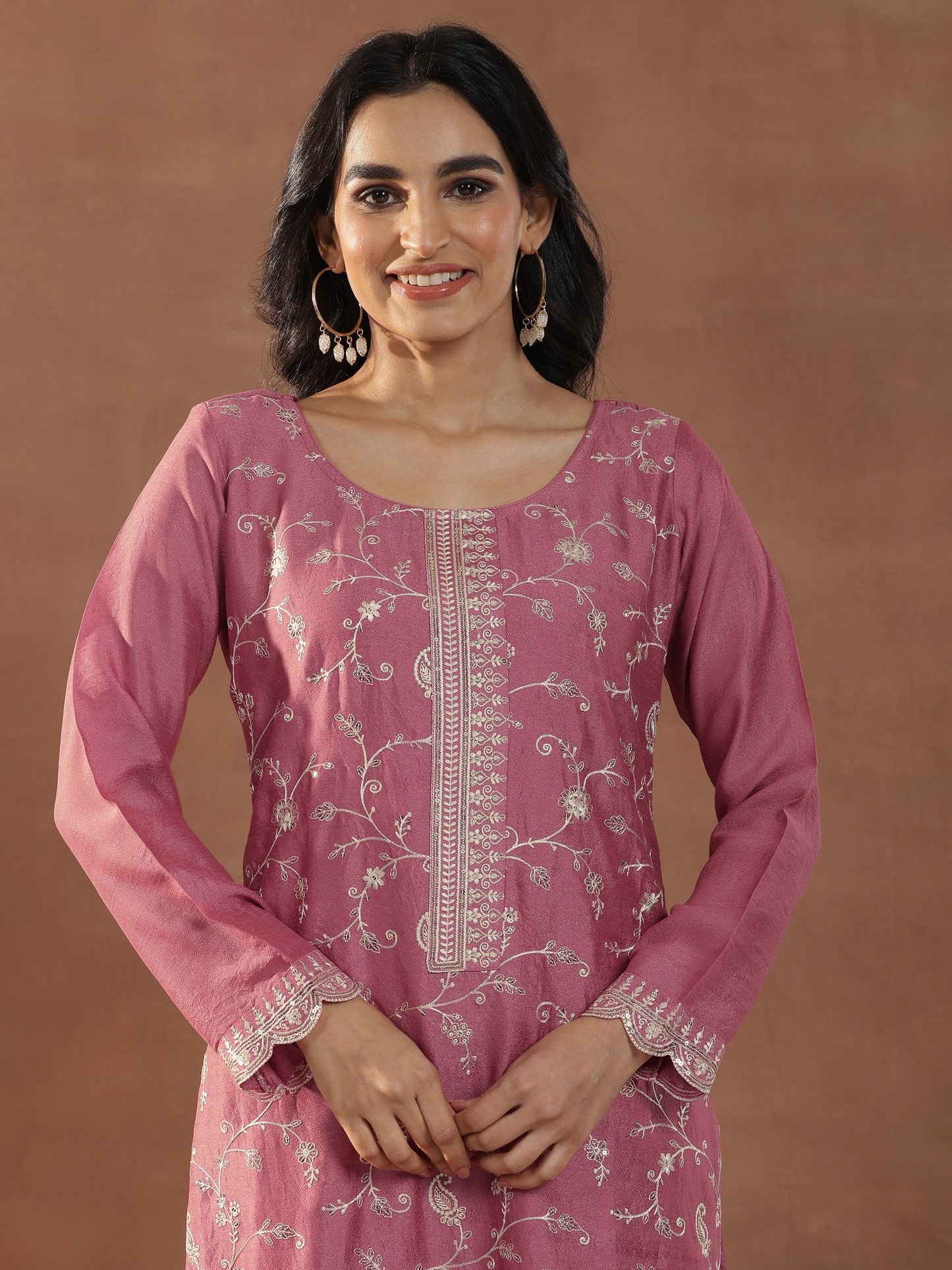 Pink Embroidered Silk Blend Straight Suits With Dupatta