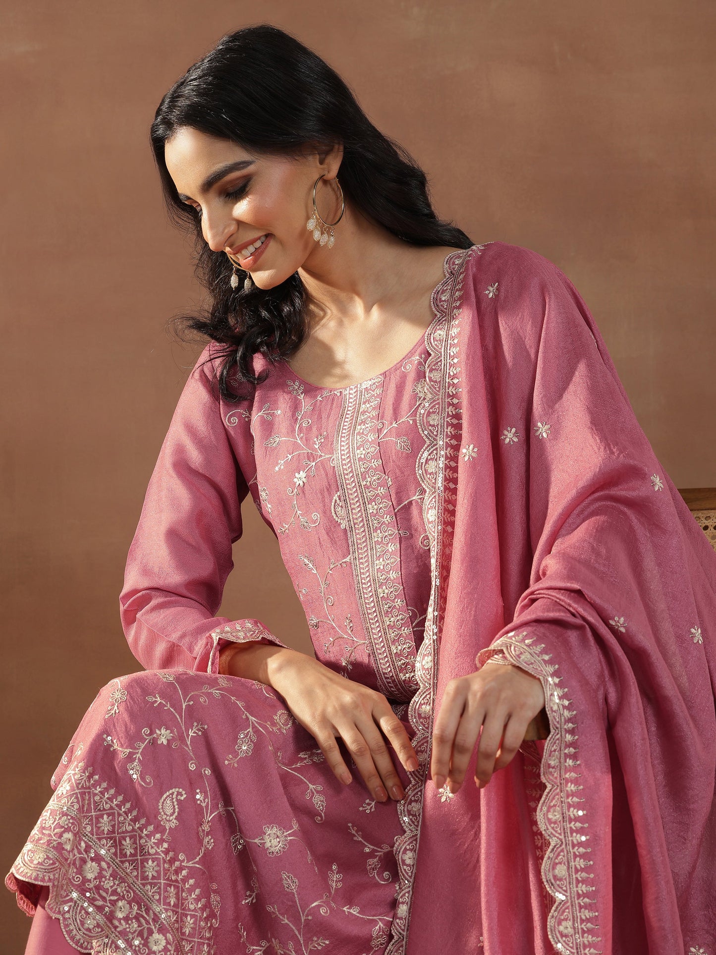 Pink Embroidered Silk Blend Straight Suits With Dupatta