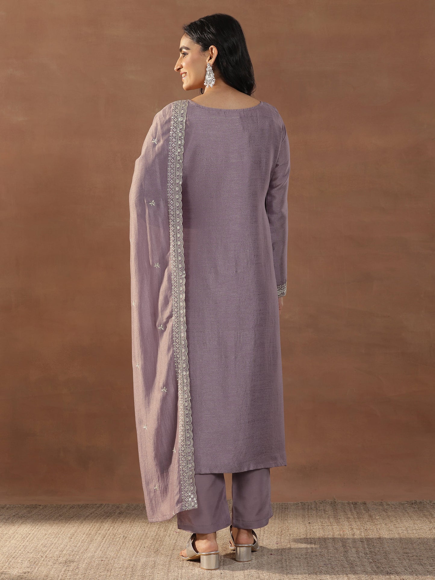 Mauve Embroidered Silk Blend Straight Suit Set With Dupatta