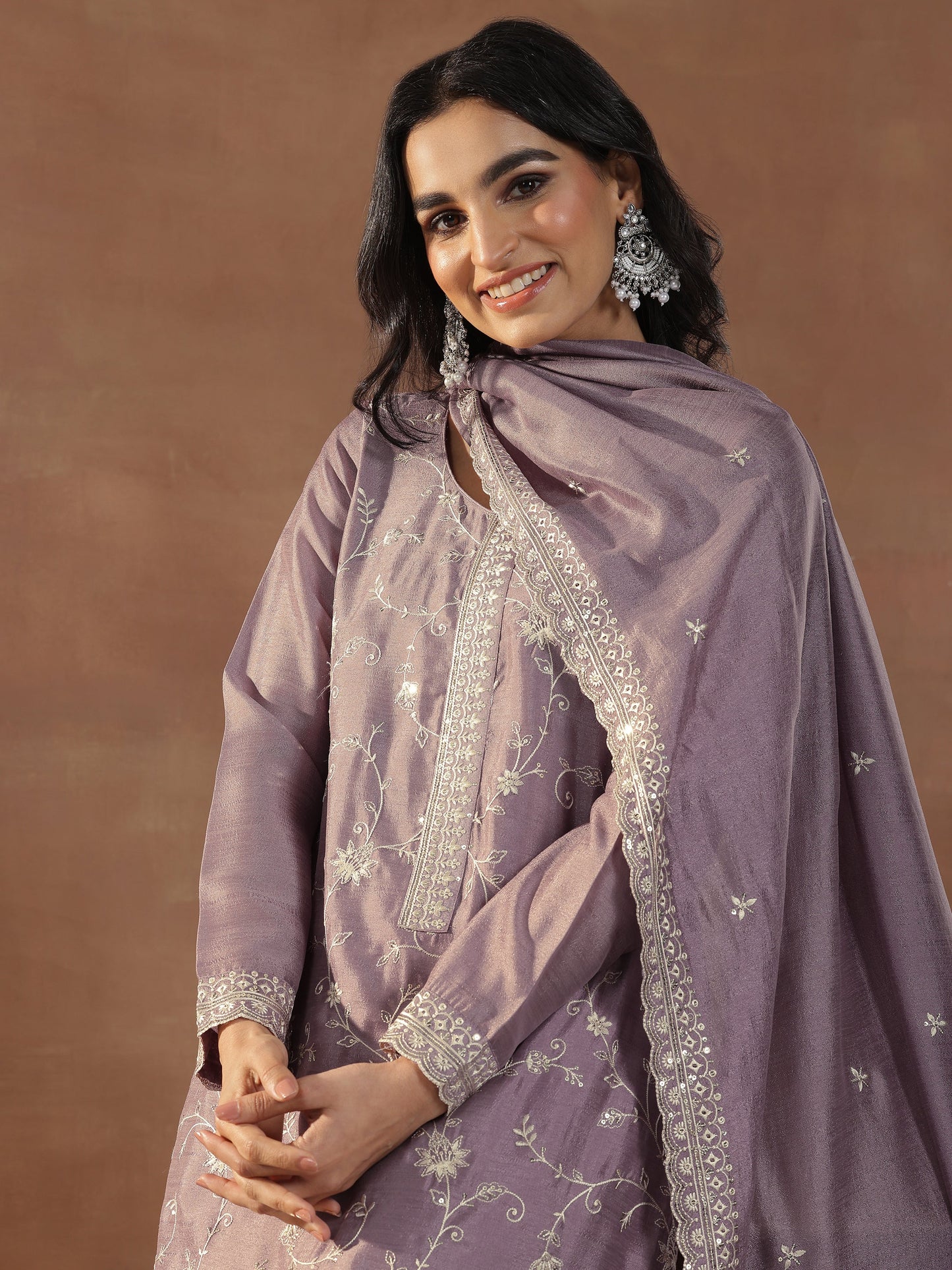 Mauve Embroidered Silk Blend Straight Suit Set With Dupatta