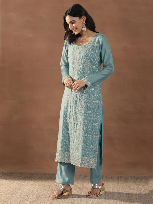 Blue Embroidered Silk Blend Straight Suits With Dupatta