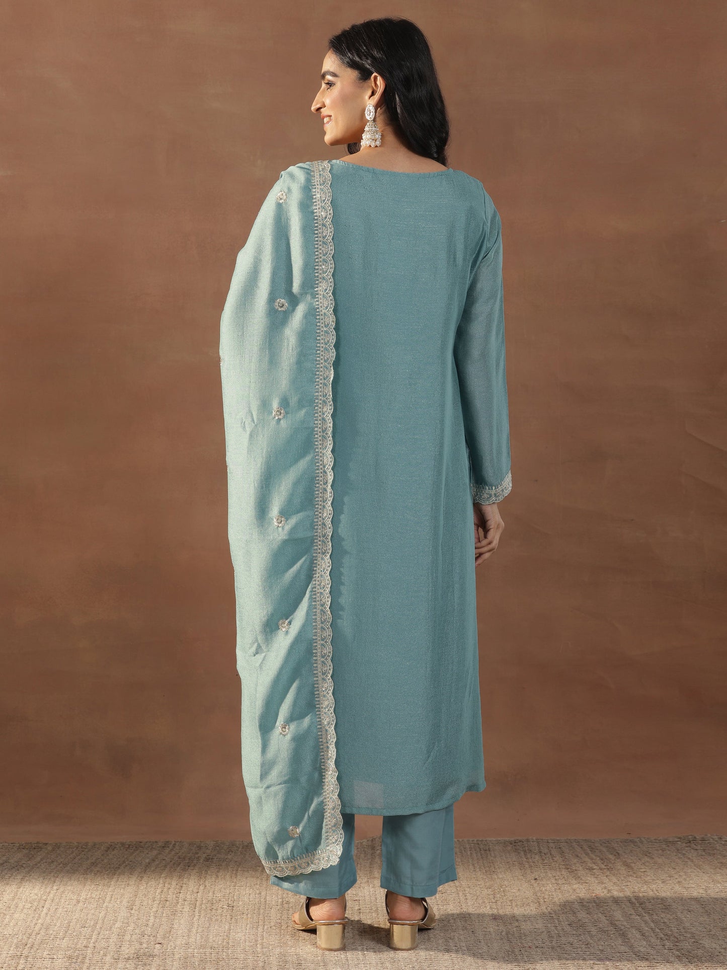 Blue Embroidered Silk Blend Straight Suits With Dupatta