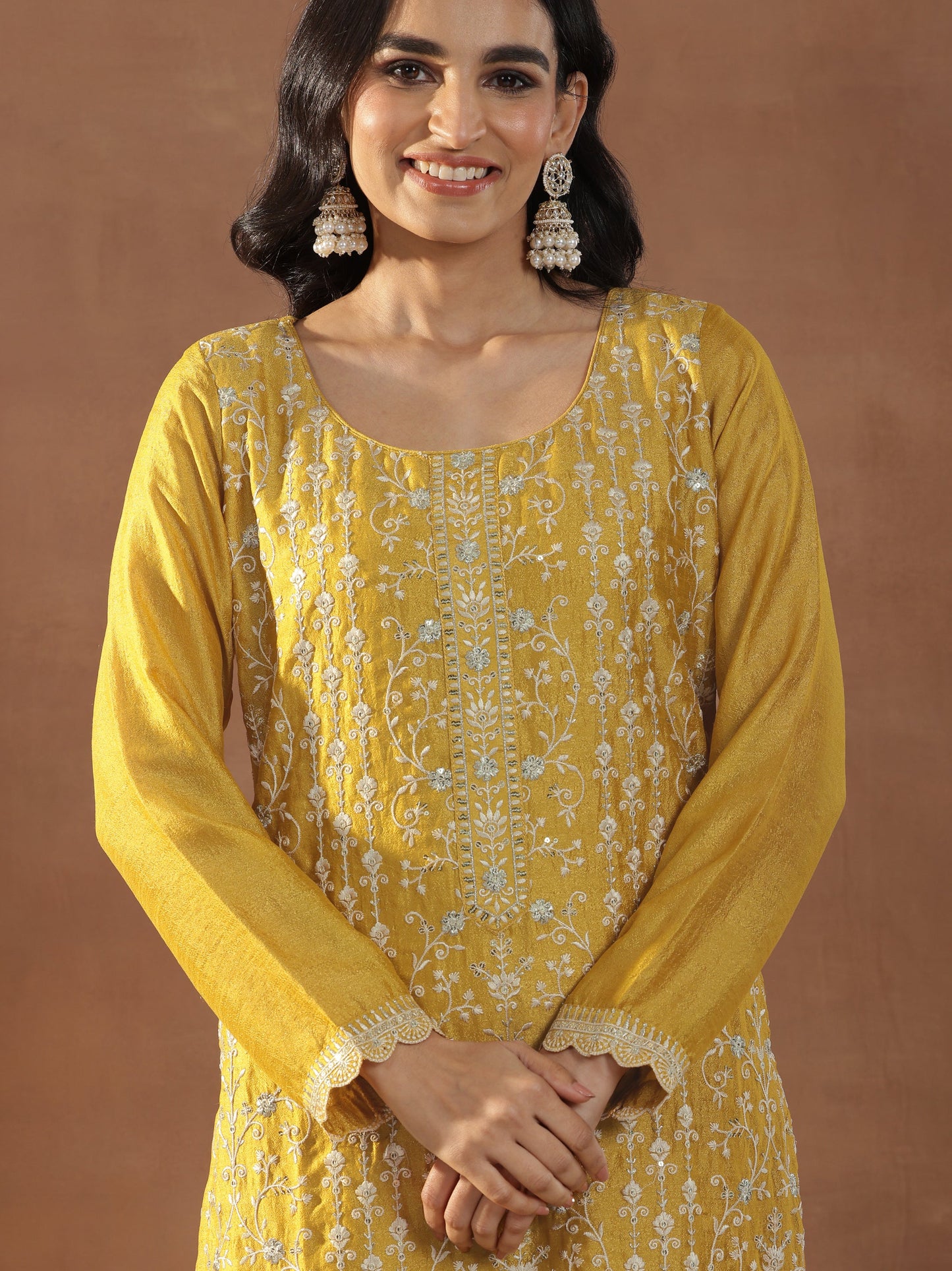 Mustard Embroidered Silk Blend Straight Suits With Dupatta