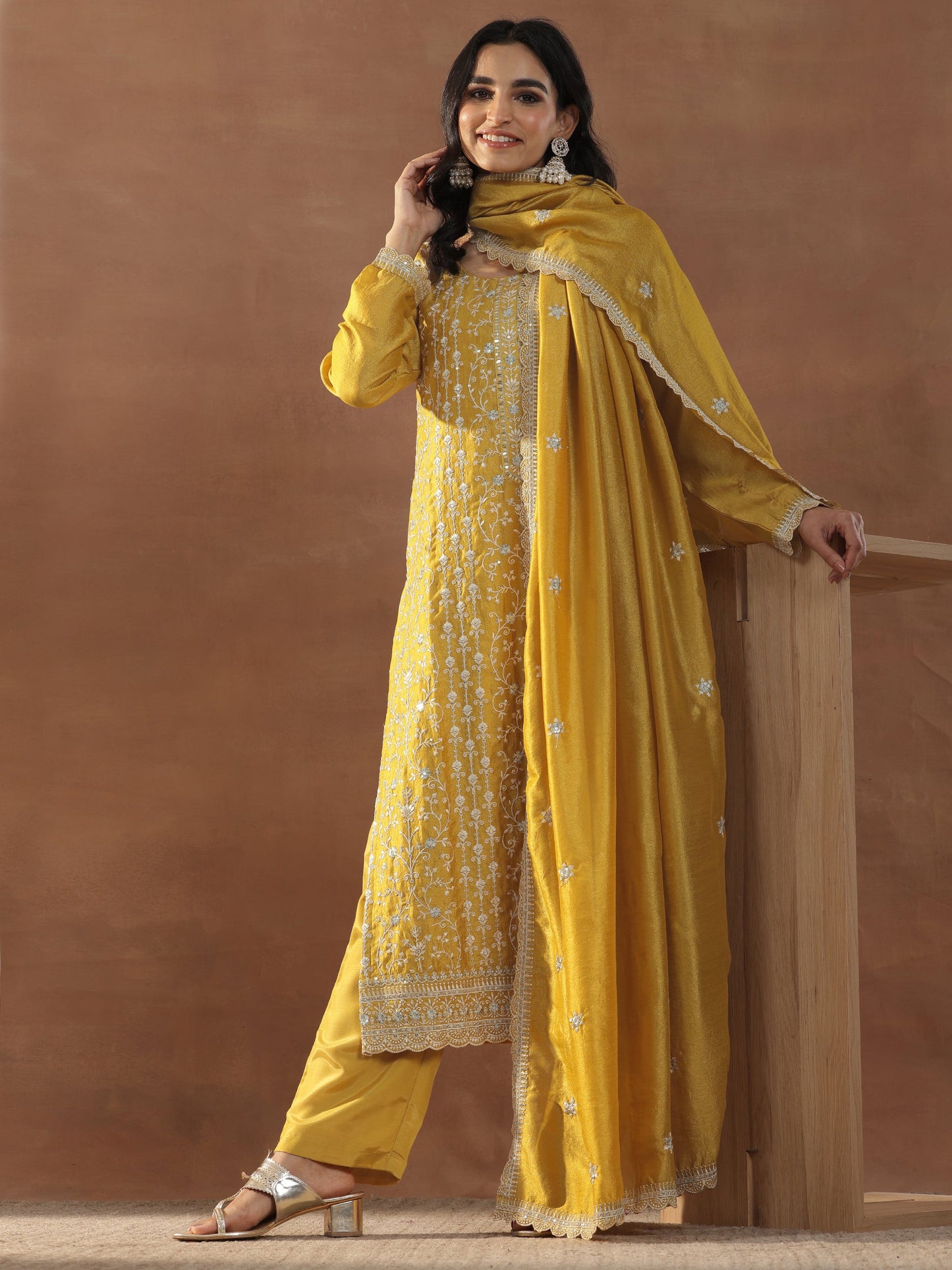 Mustard Embroidered Silk Blend Straight Suits With Dupatta