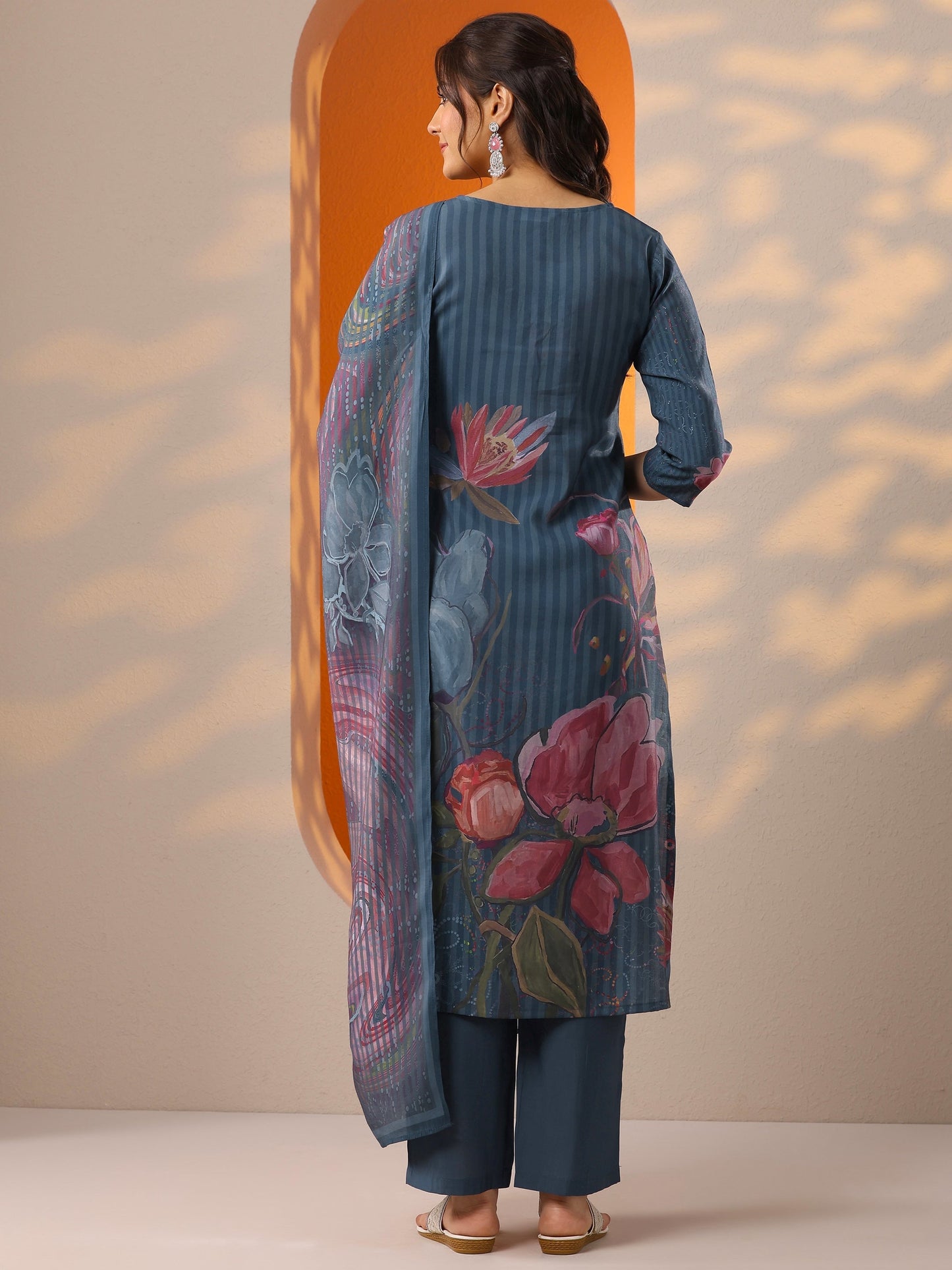 Blue Printed Silk Blend Straight Suit Set With Dupatta