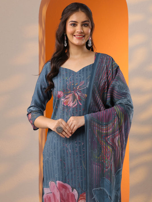 Blue Printed Silk Blend Straight Suit Set With Dupatta