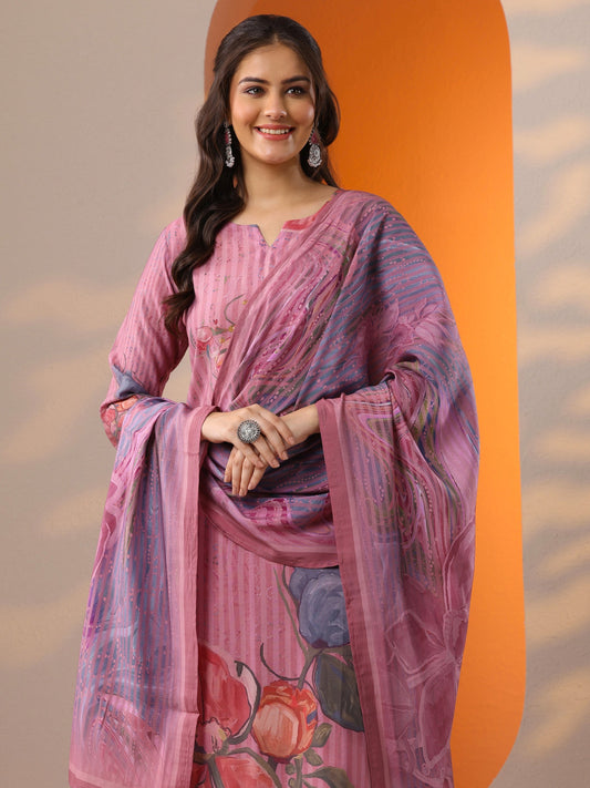 Pink Printed Silk Blend Straight Suit Set With Dupatta