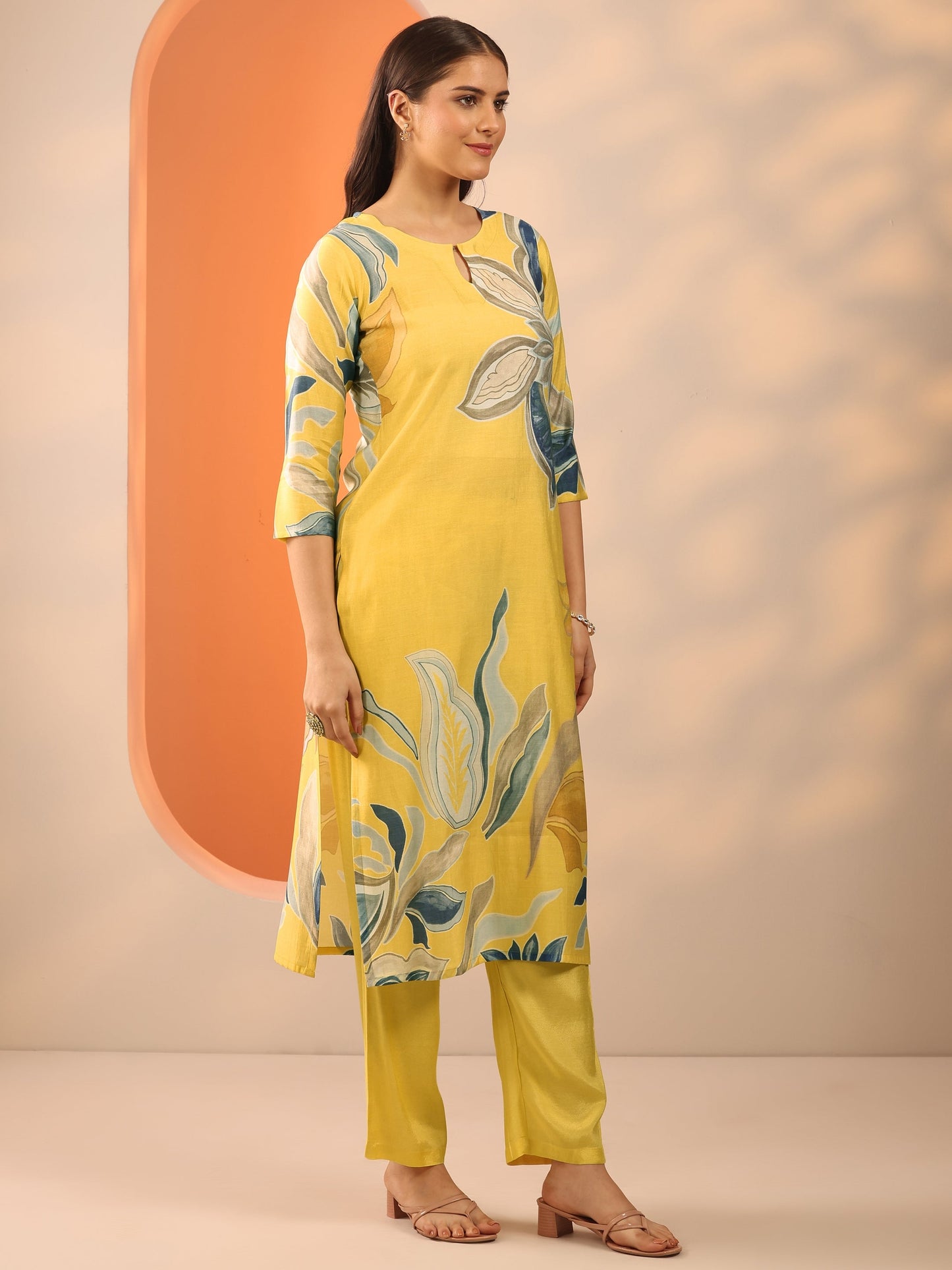 Yellow Printed Silk Blend Straight Suit Set With Dupatta