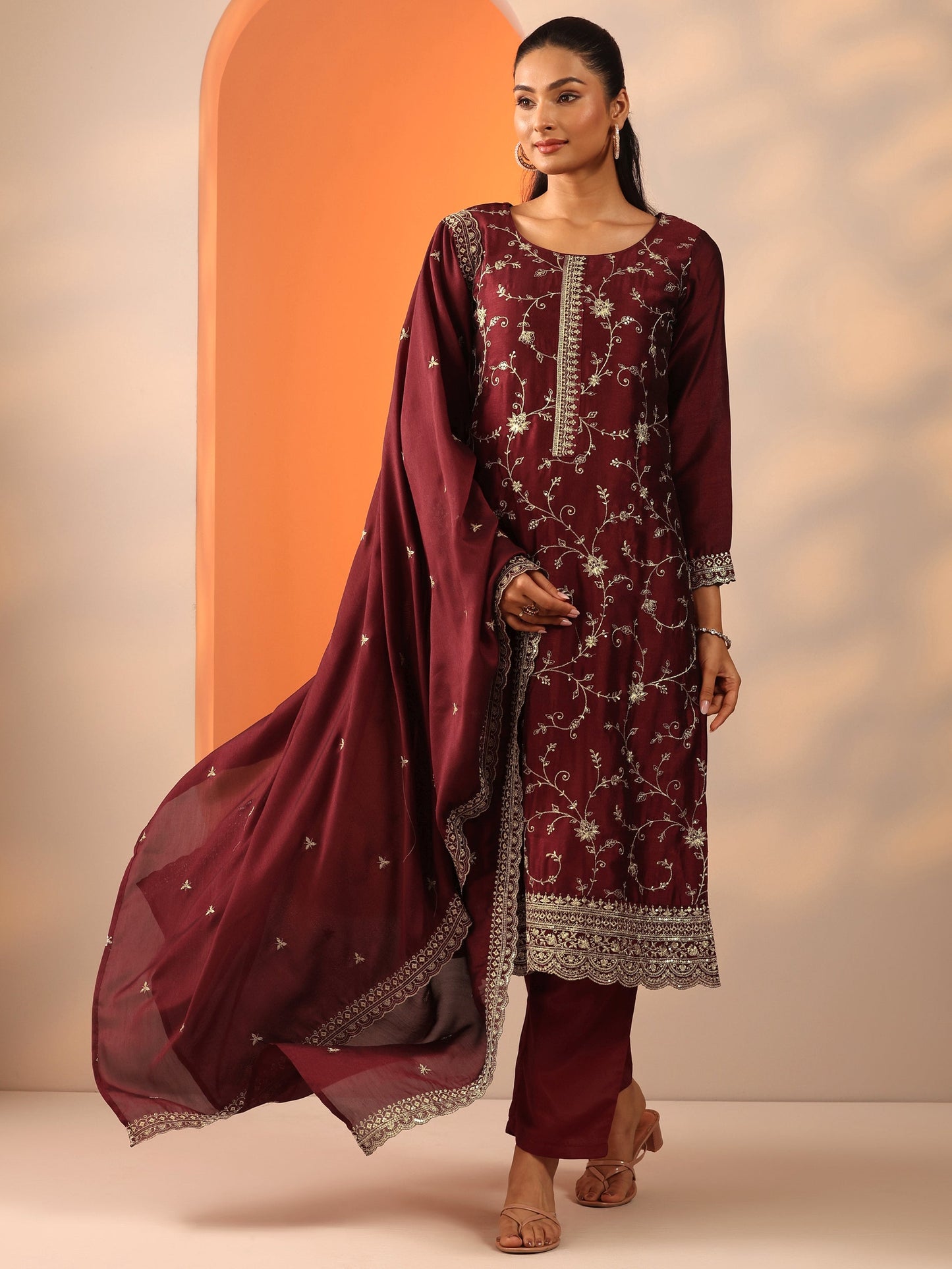 Maroon Embroidered Silk Blend Straight Suit Set With Dupatta