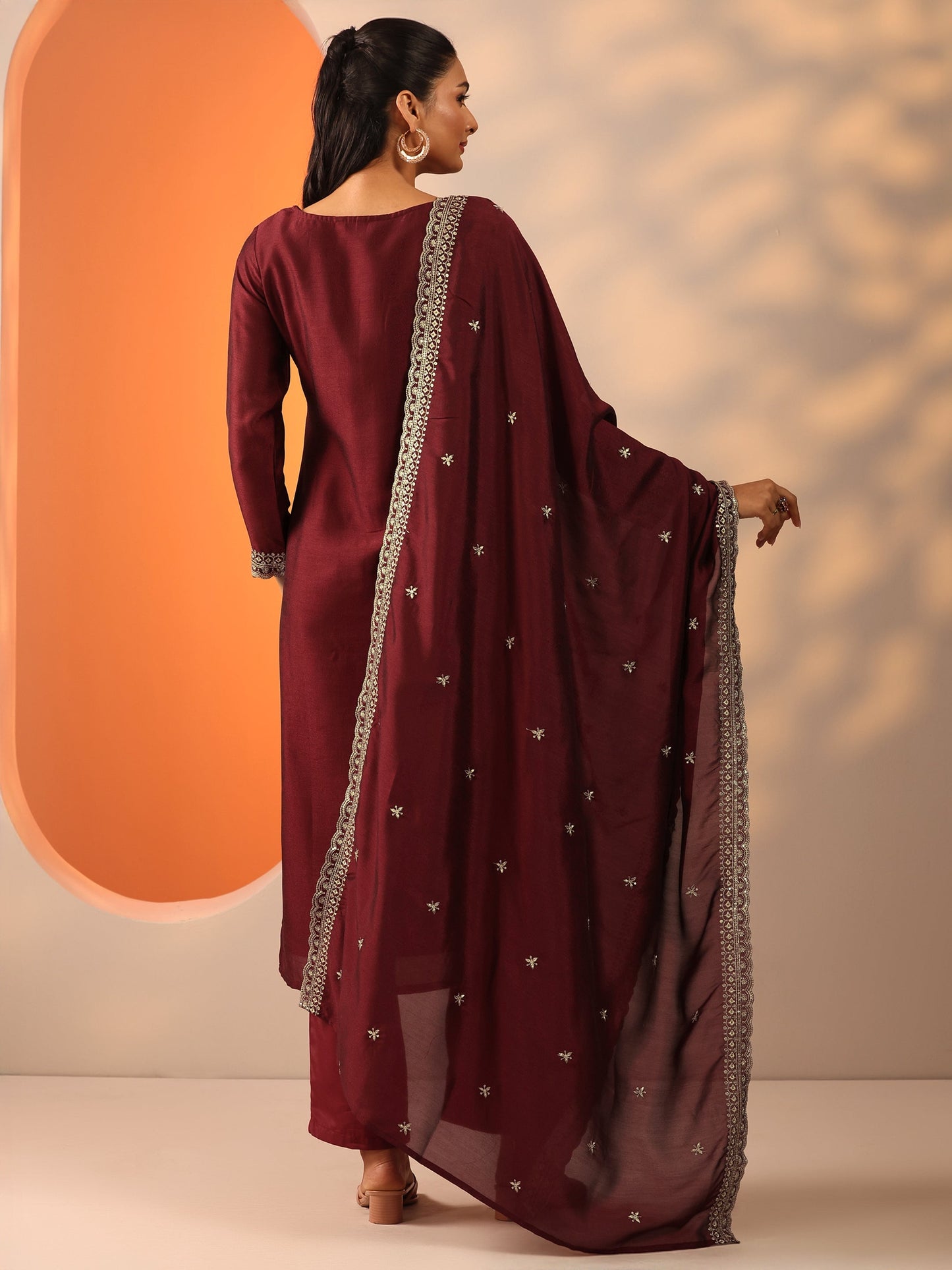 Maroon Embroidered Silk Blend Straight Suit Set With Dupatta