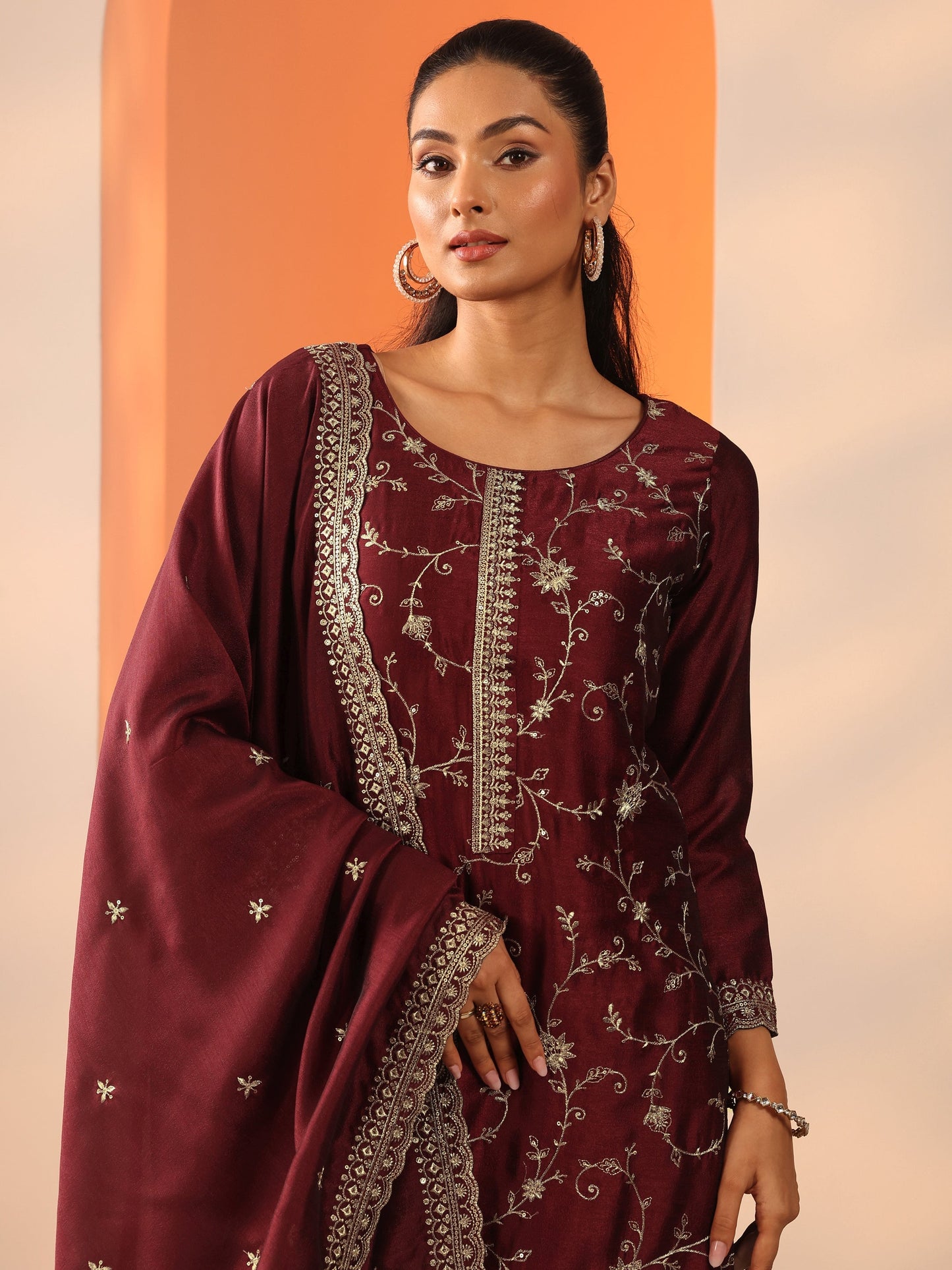 Maroon Embroidered Silk Blend Straight Suit Set With Dupatta